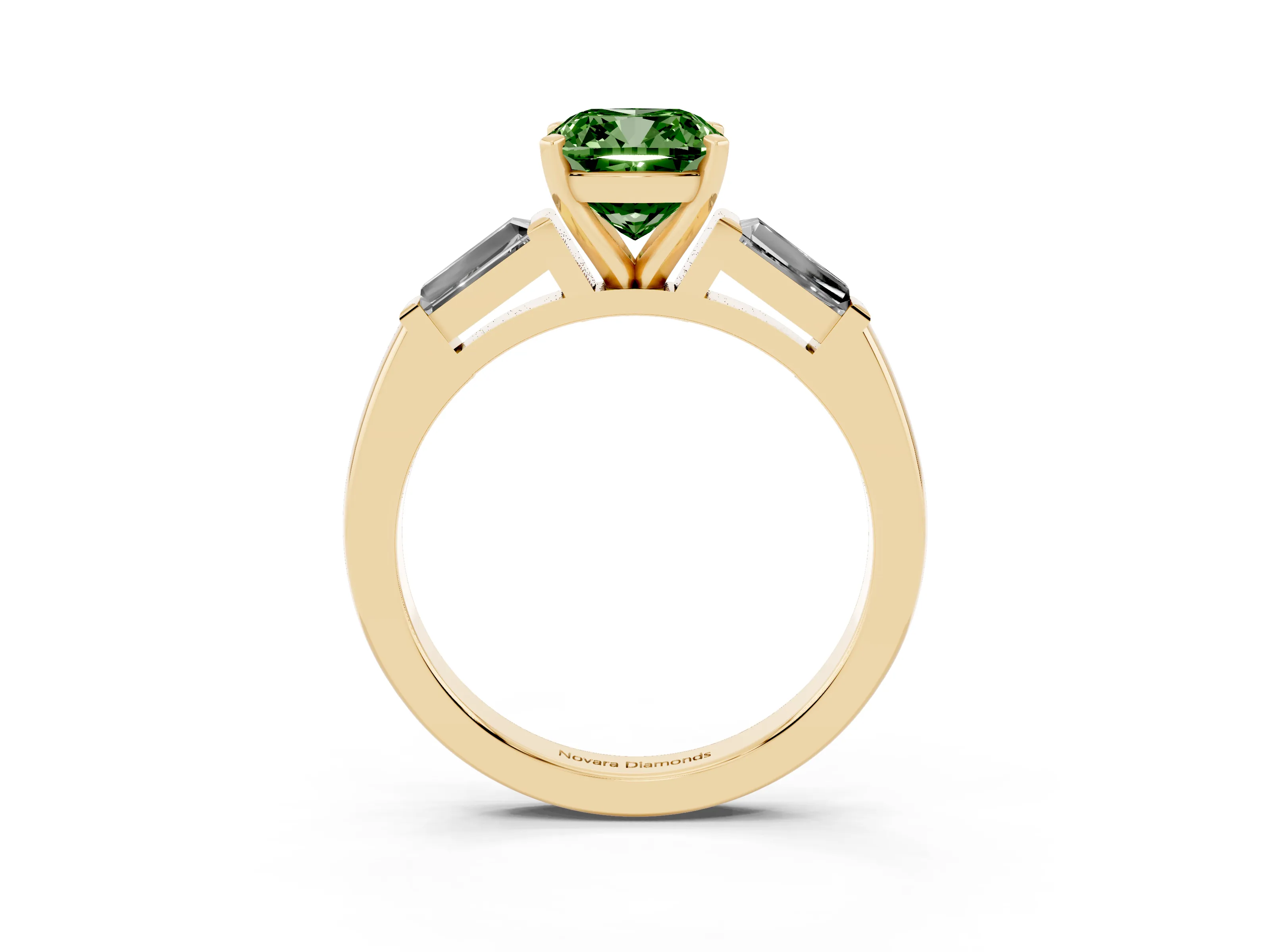 Fancy Green Cushion Cut Diamond Solitaire Ring Set in Yellow gold with Tapered Baguette Side Stones and Prong Setting
