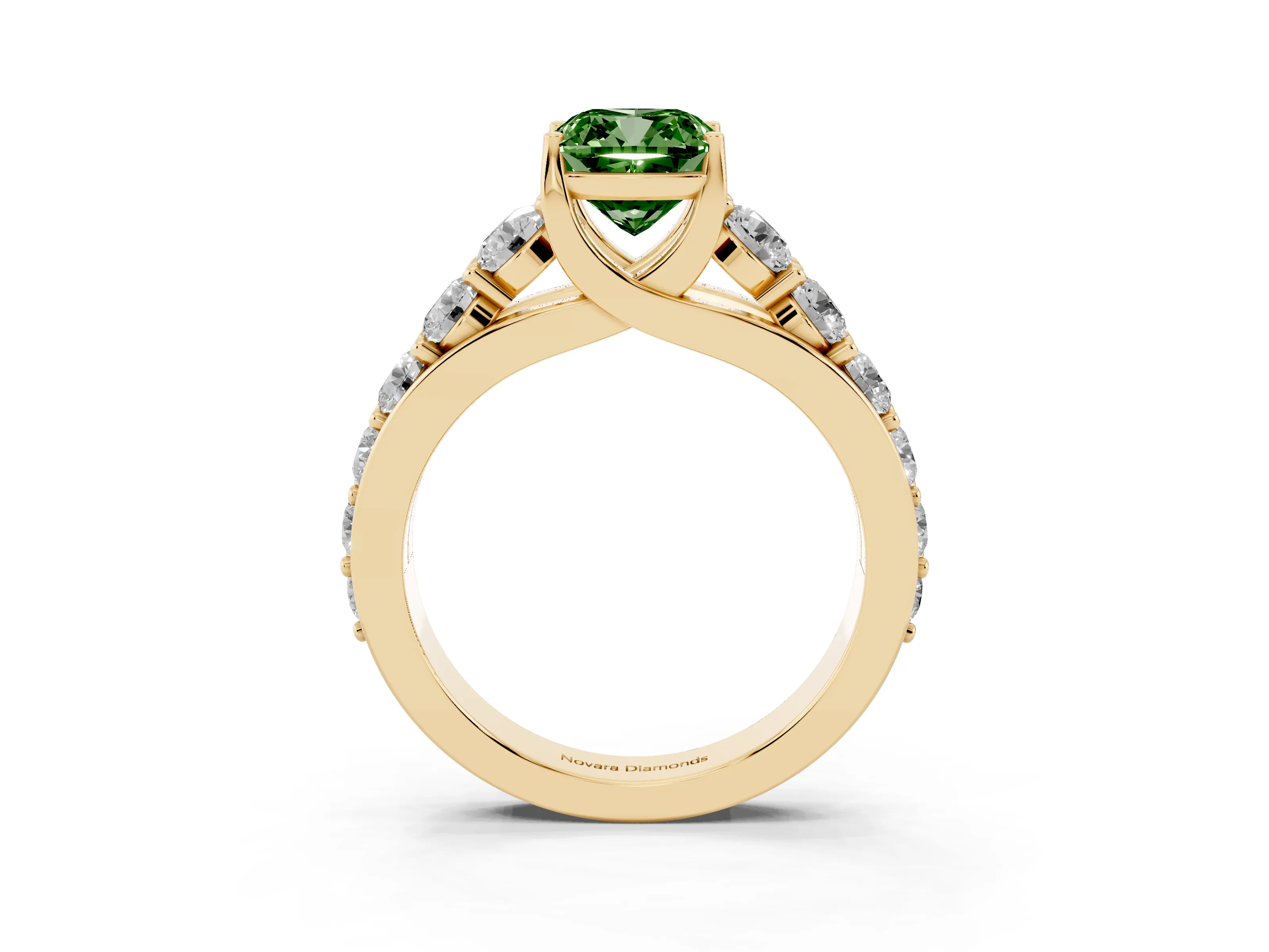 Fancy Green Cushion Cut Diamond Pavé Engagement Ring Set in Yellow gold with Prong Setting