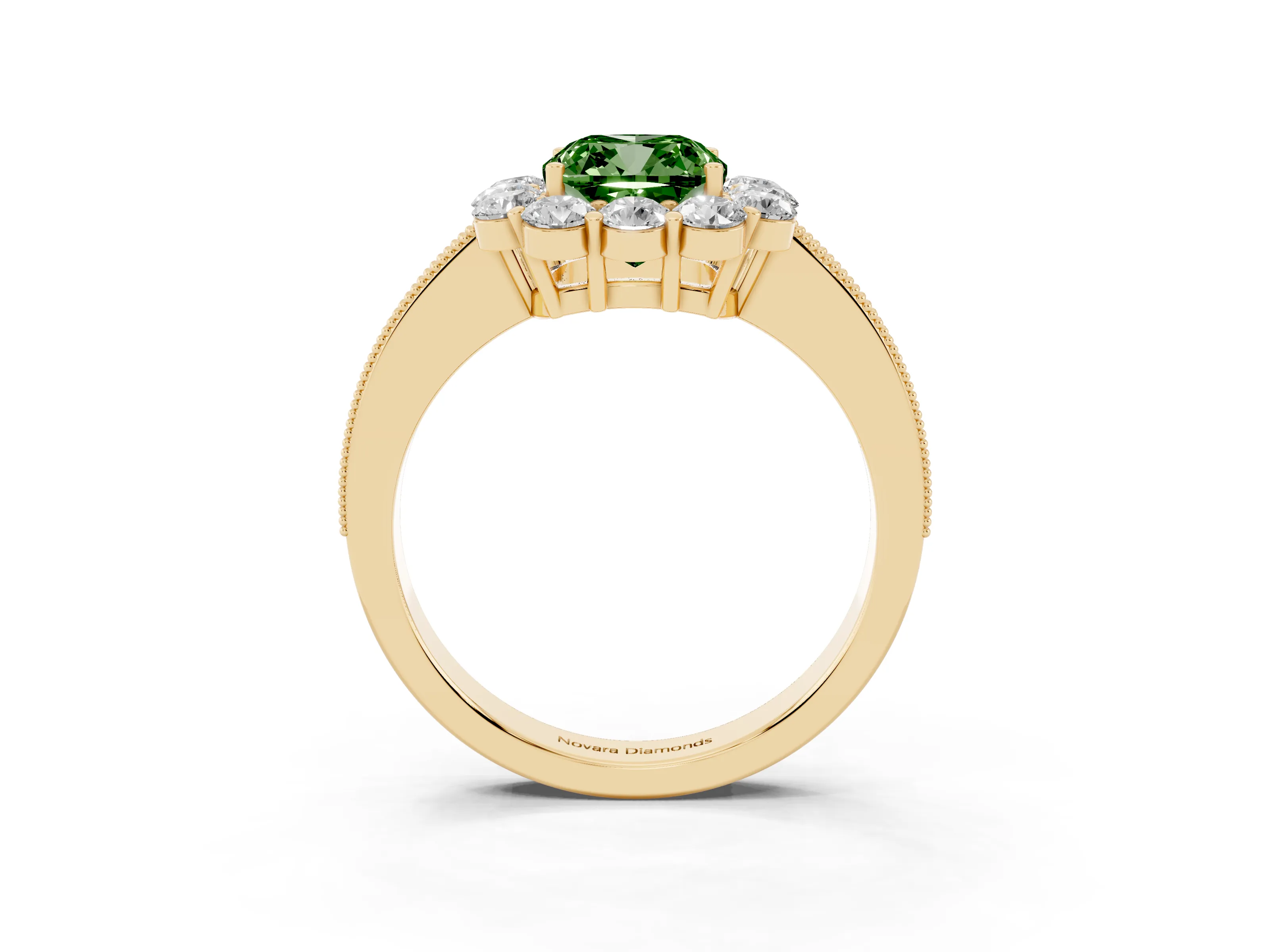 Fancy Green Cushion Cut Diamond Halo Pavé Engagement Ring Set in Yellow gold with Milgrain Detailing