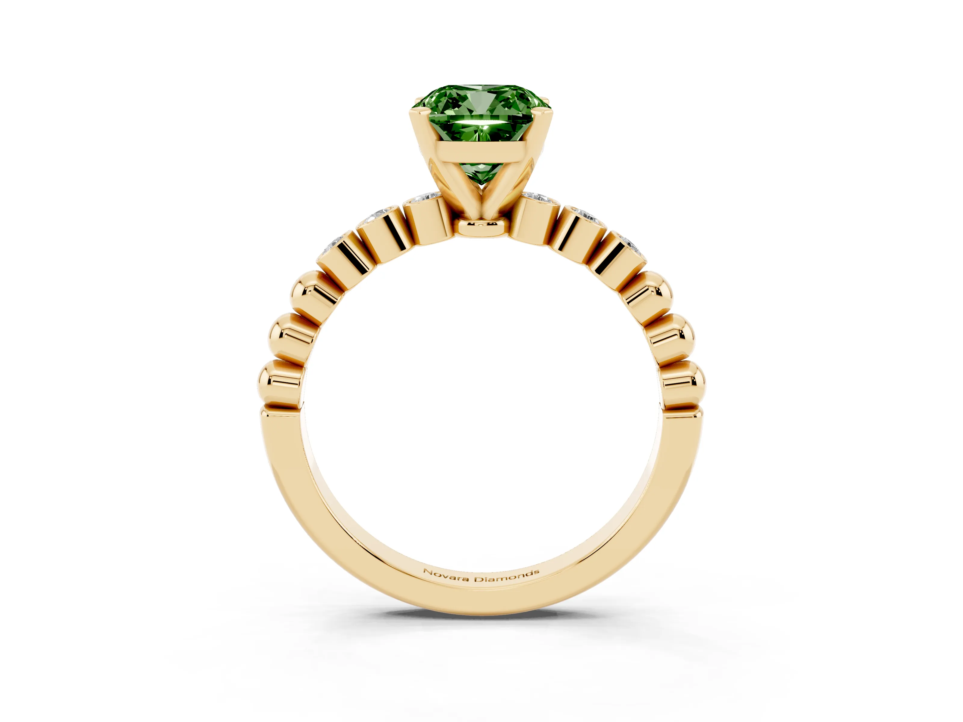 Fancy Green Cushion Cut Diamond Solitaire Engagement Ring Set in Yellow gold with Bezel Accents on Beaded Band