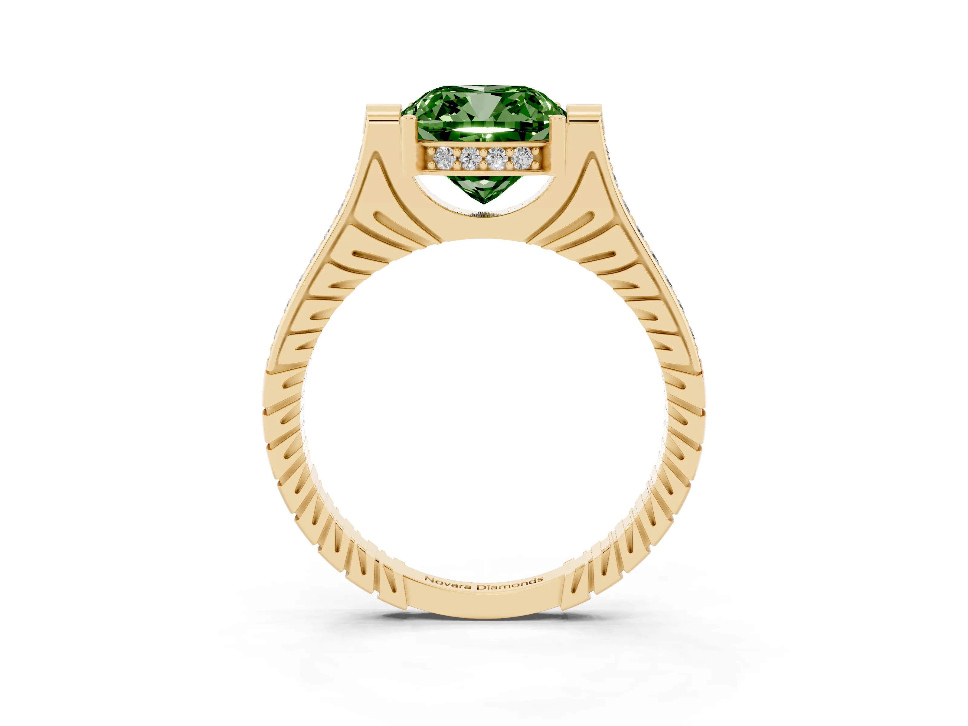 Fancy Green Cushion Cut Diamond Solitaire Ring Set in Yellow gold with Channel Set Band and Bezel Prong Setting