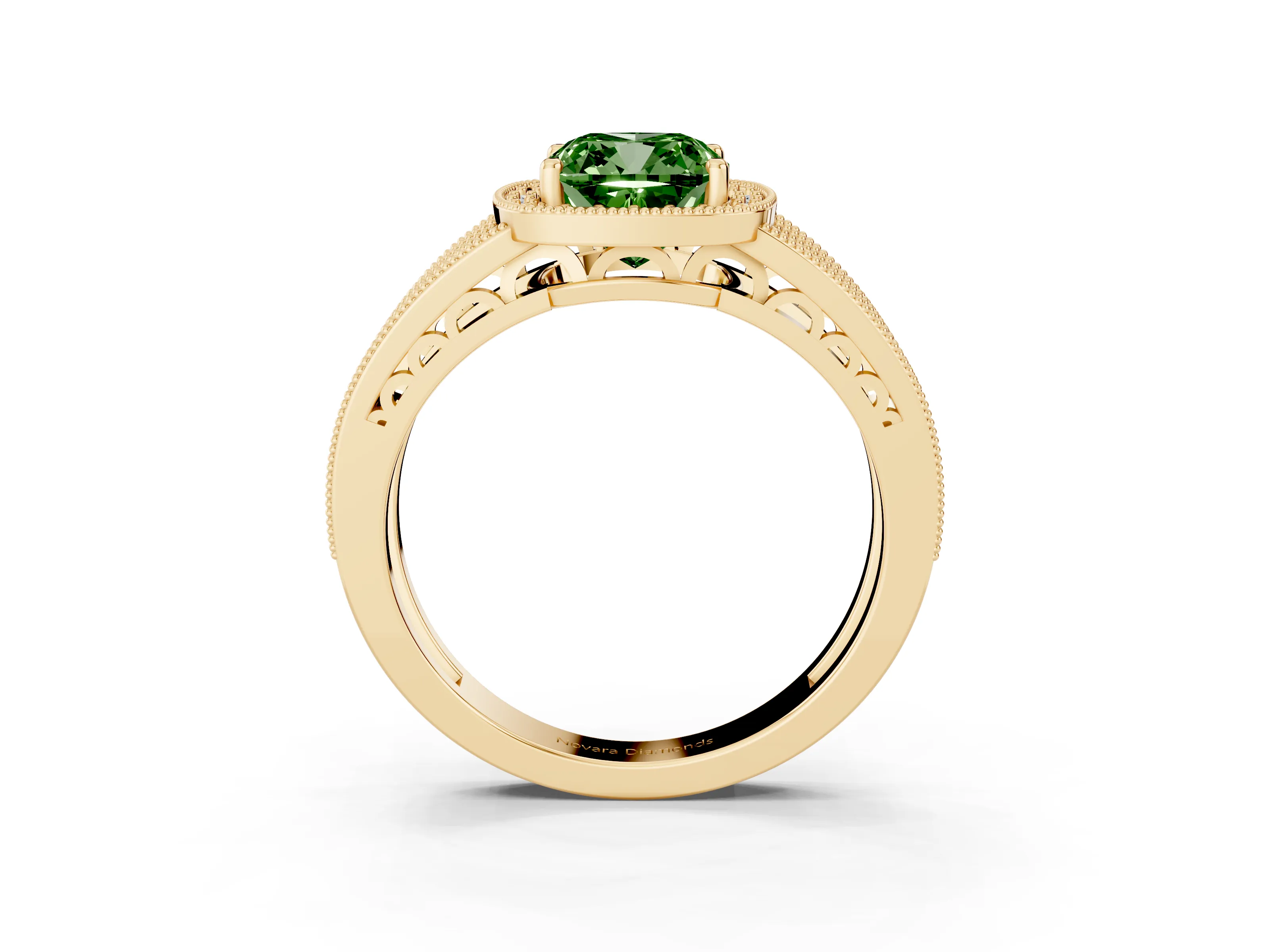 Fancy Green Cushion Cut Diamond Halo Ring Set in Yellow gold with Accent Split Shank and Prong Setting