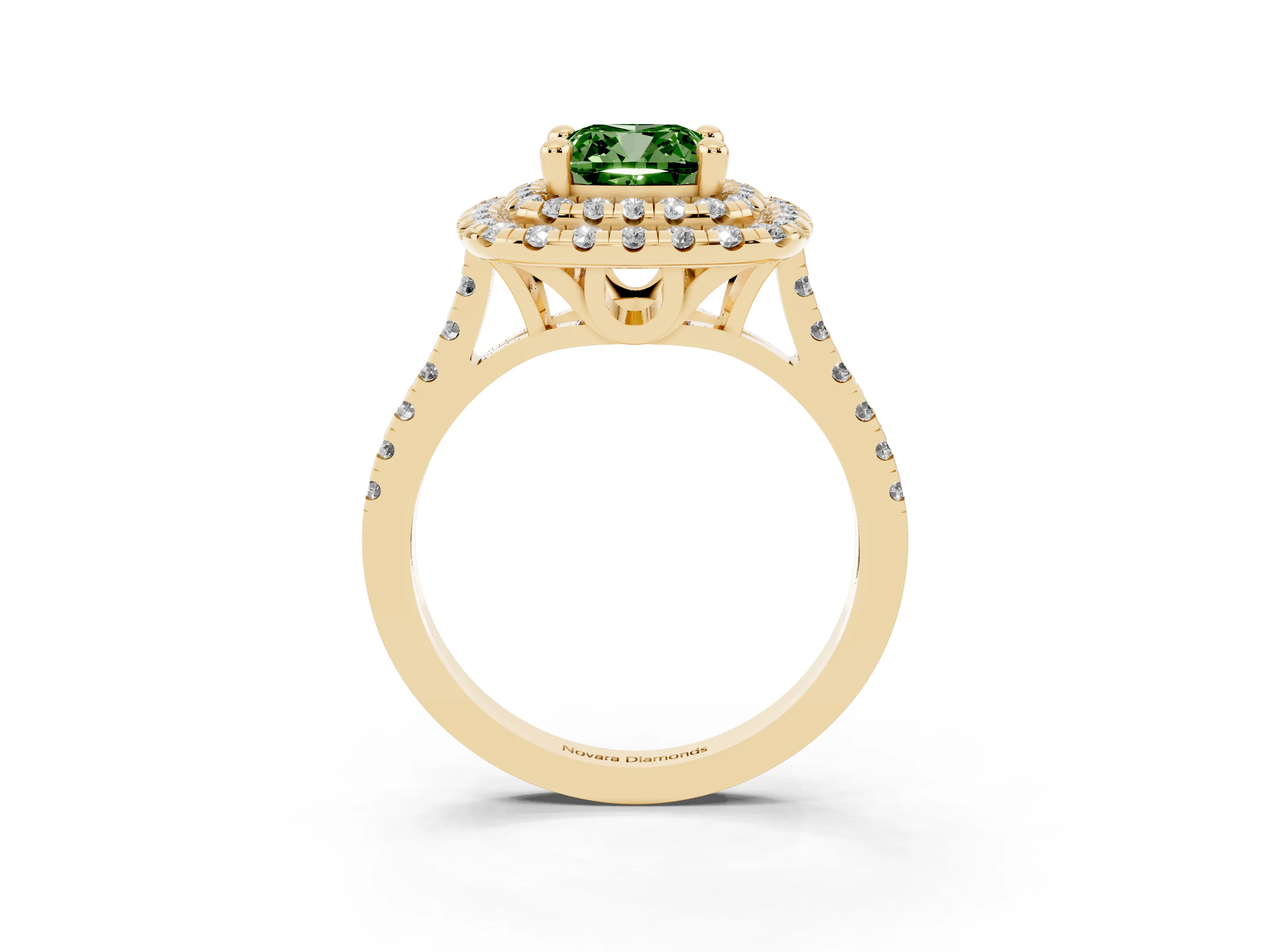 Fancy Green Cushion Cut Diamond Double Halo Statement Ring Set in Yellow gold with Pavé Band