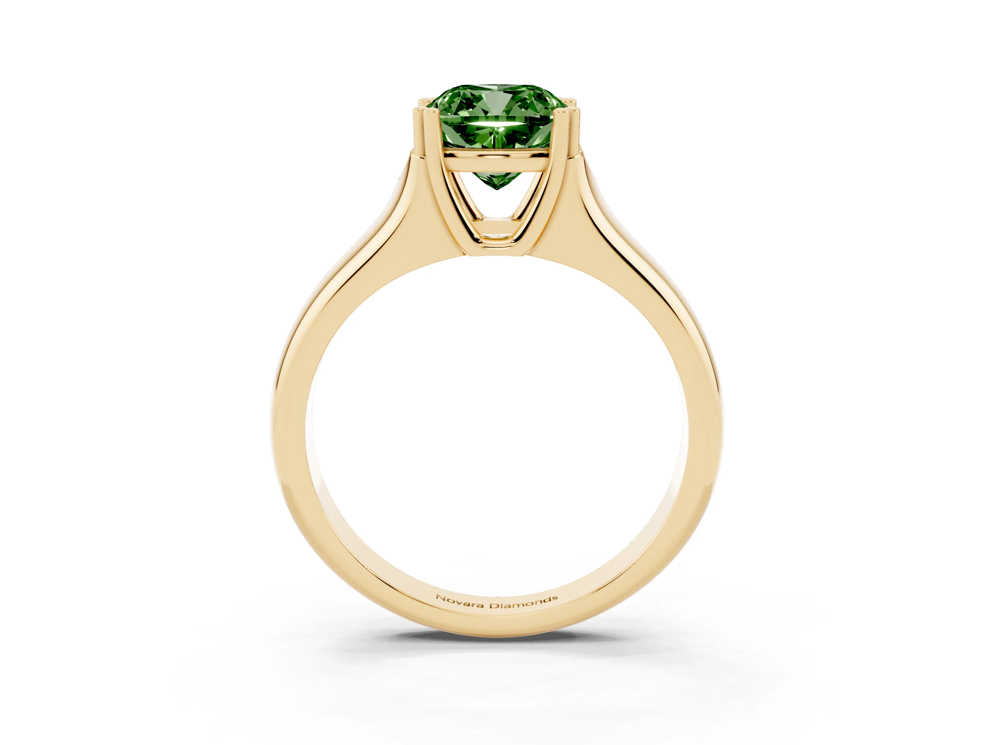 Fancy Green Cushion Cut Diamond Solitaire Ring Set in Yellow gold with Wide Band and Prong Setting