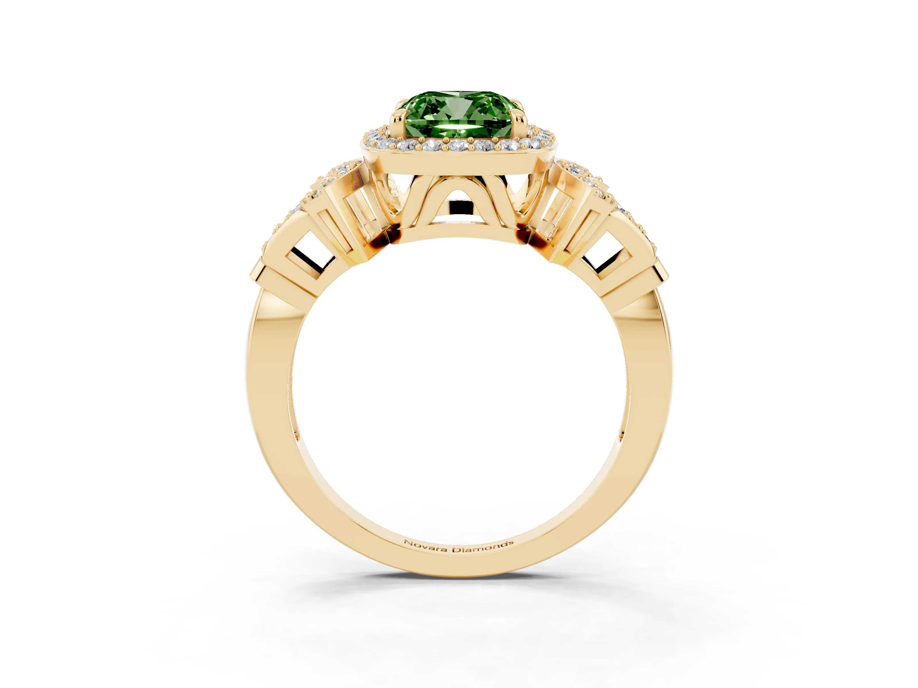 Fancy Green Cushion Cut Diamond Halo Engagement Ring Set in Yellow gold with Accent Stone Split Shank