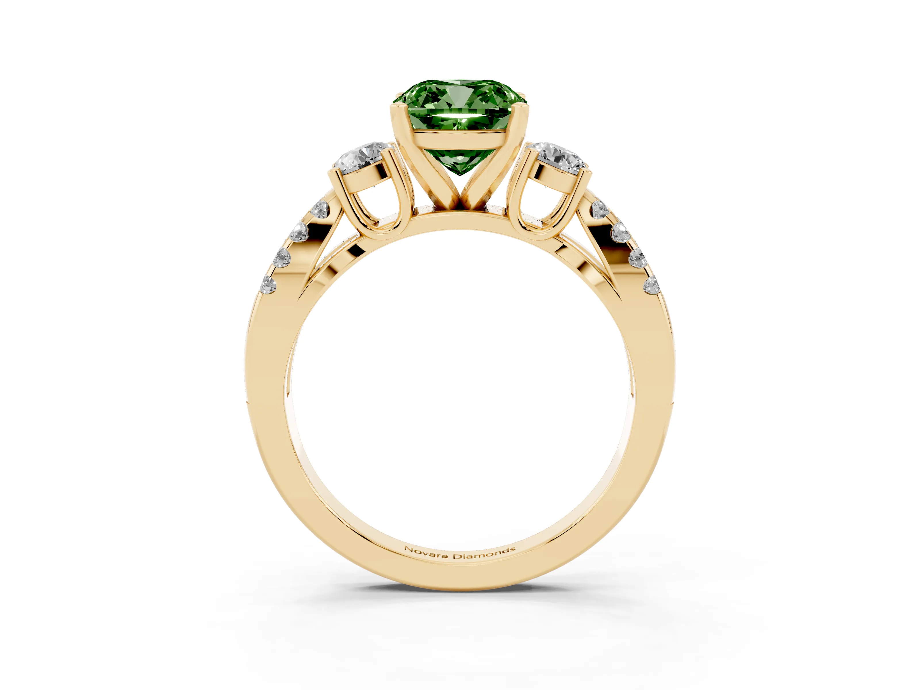 Fancy Green Cushion Cut Diamond Three-Stone Ring Set in Yellow gold with Pavé Split Shank and Prong Setting