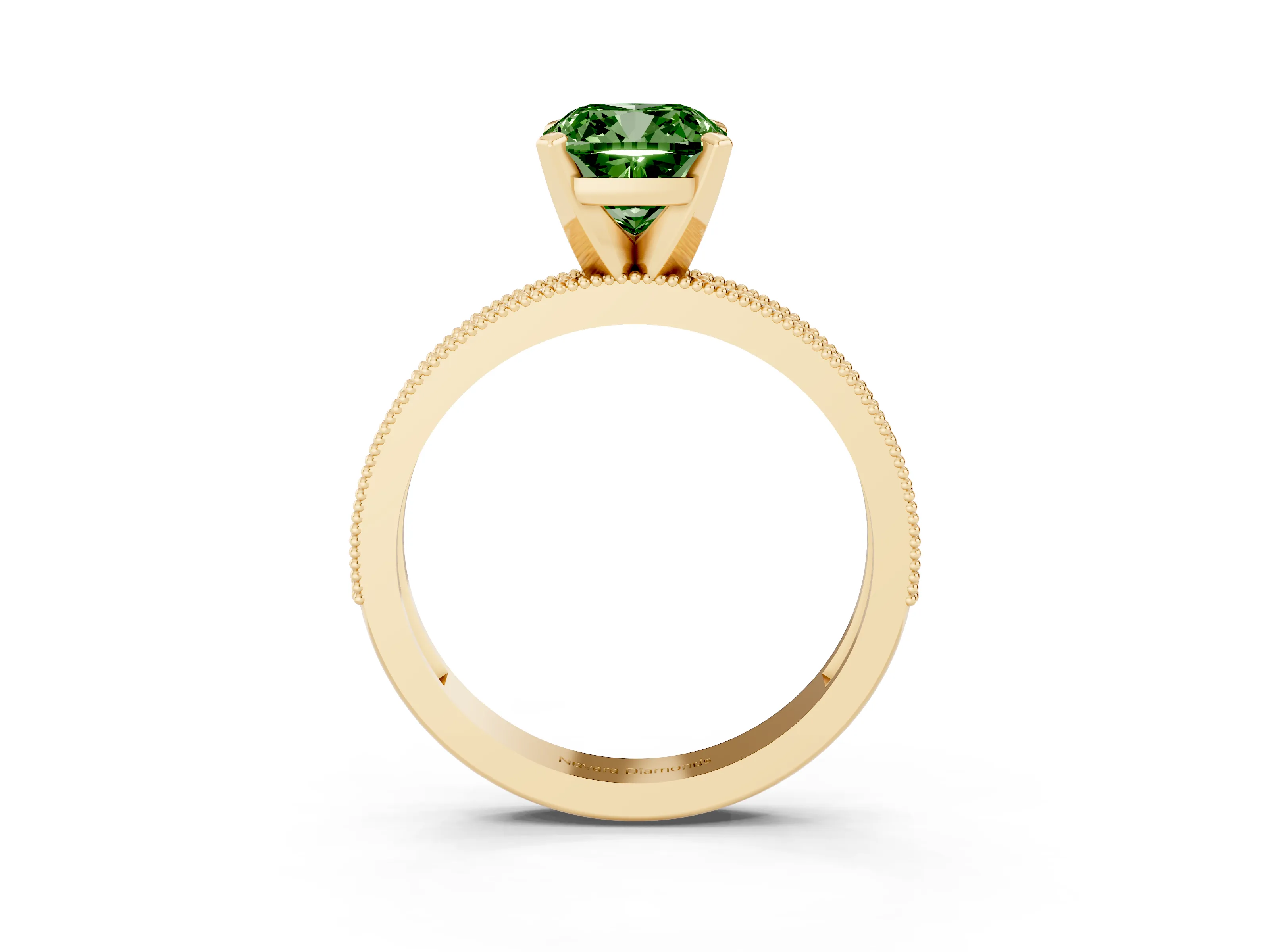 Fancy Green Cushion Cut Diamond Milgrain Pavé Engagement Ring Set in Yellow gold with Prong Setting