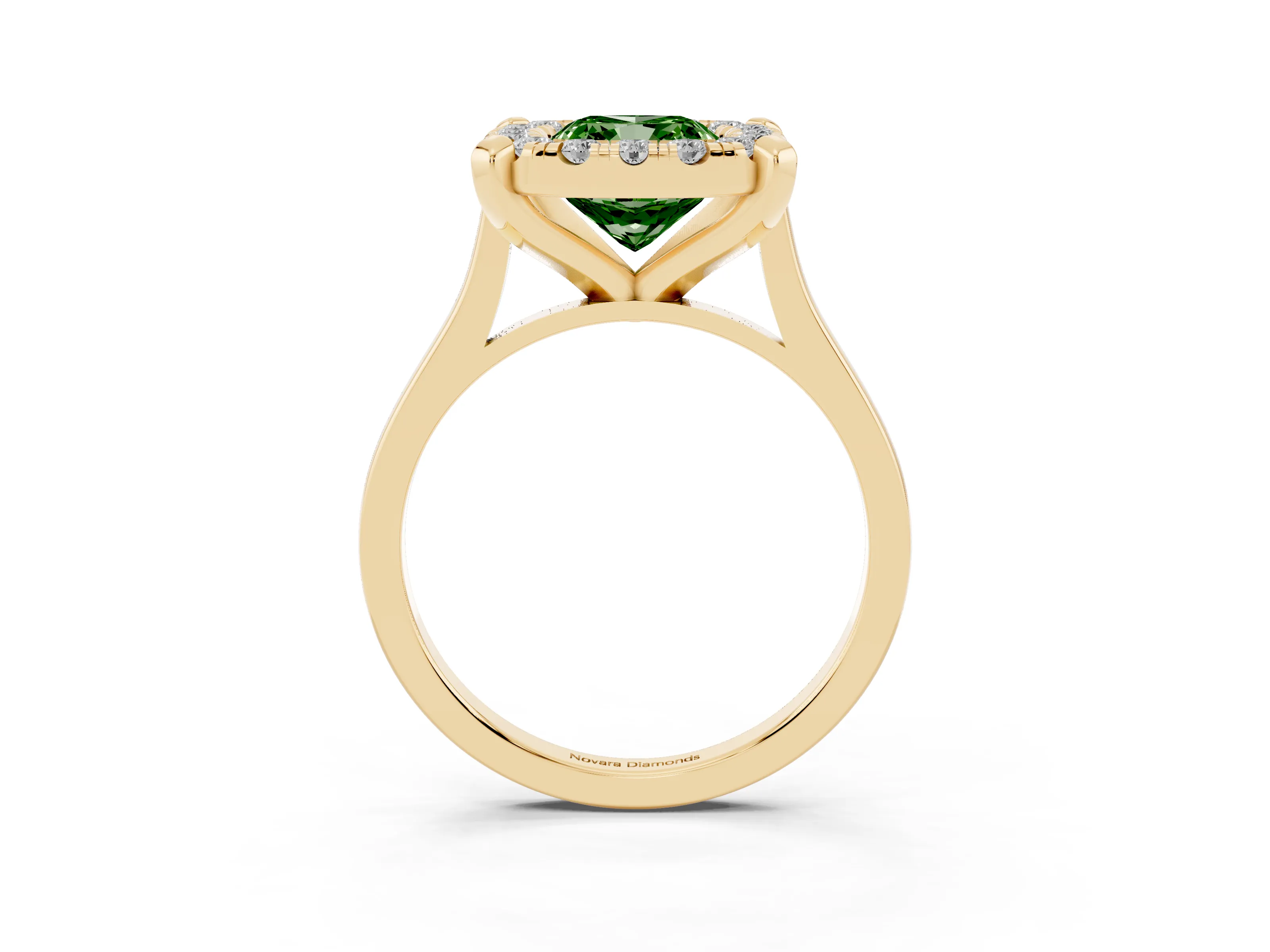 Fancy Green Cushion Cut Diamond Cluster Halo Solitaire Ring Set in Yellow gold with Prong Setting