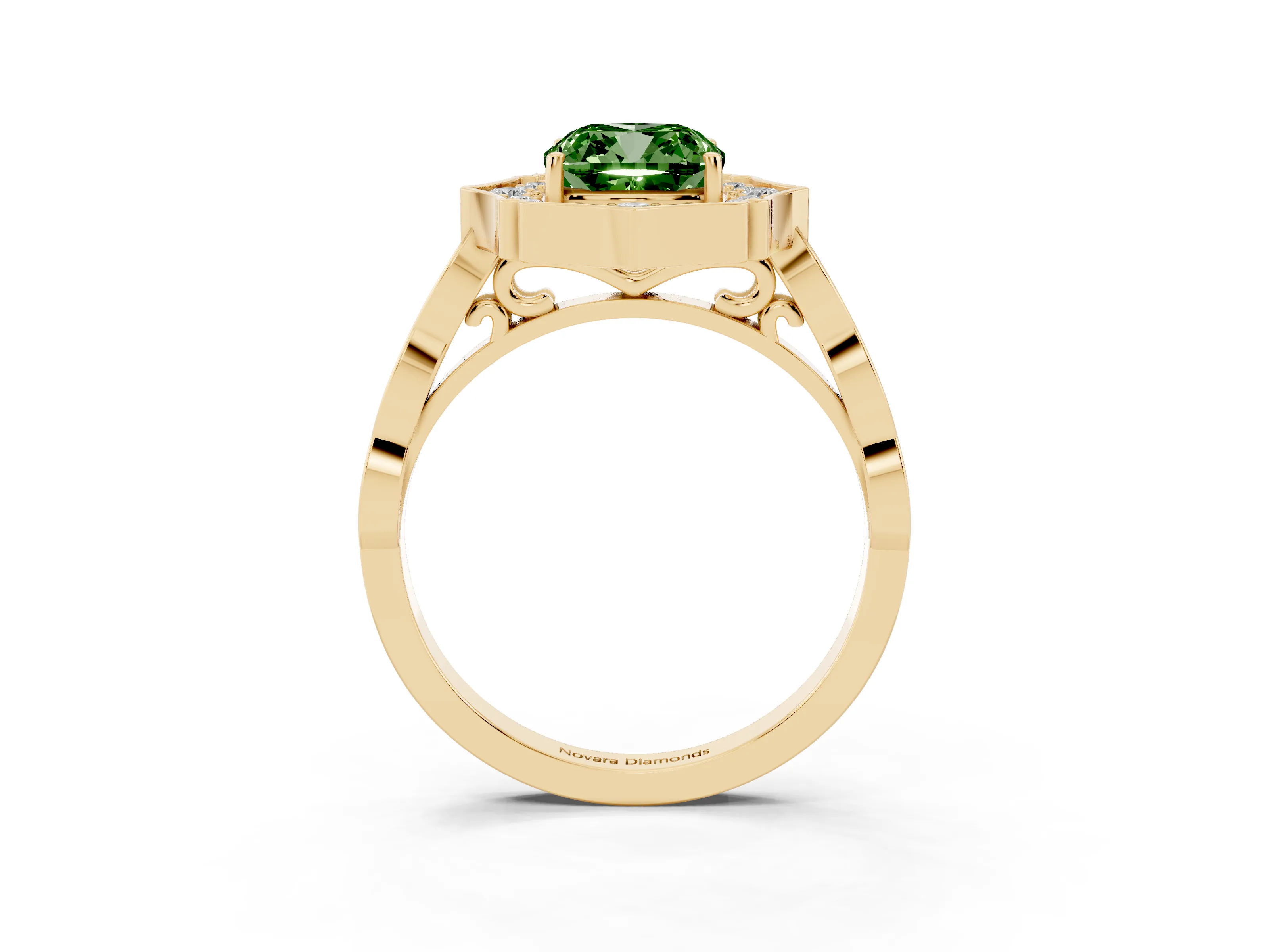 Fancy Green Cushion Cut Diamond Halo Engagement Ring Set in Yellow gold with Milgrain Band and Prong Setting