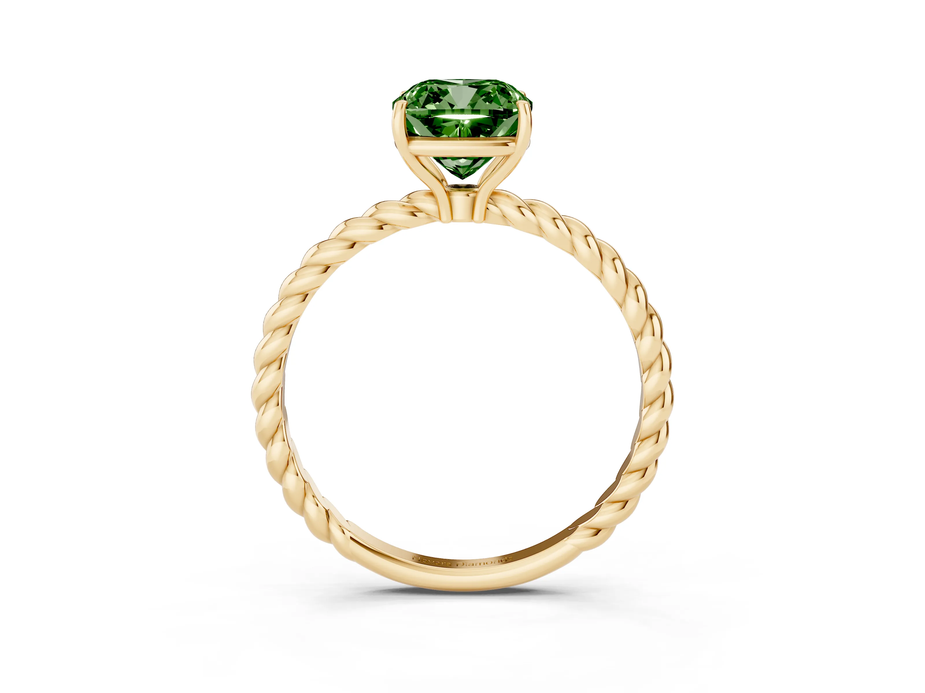 Fancy Green Cushion Cut Diamond Solitaire Ring Set in Yellow gold with Twist Band and Prong Setting