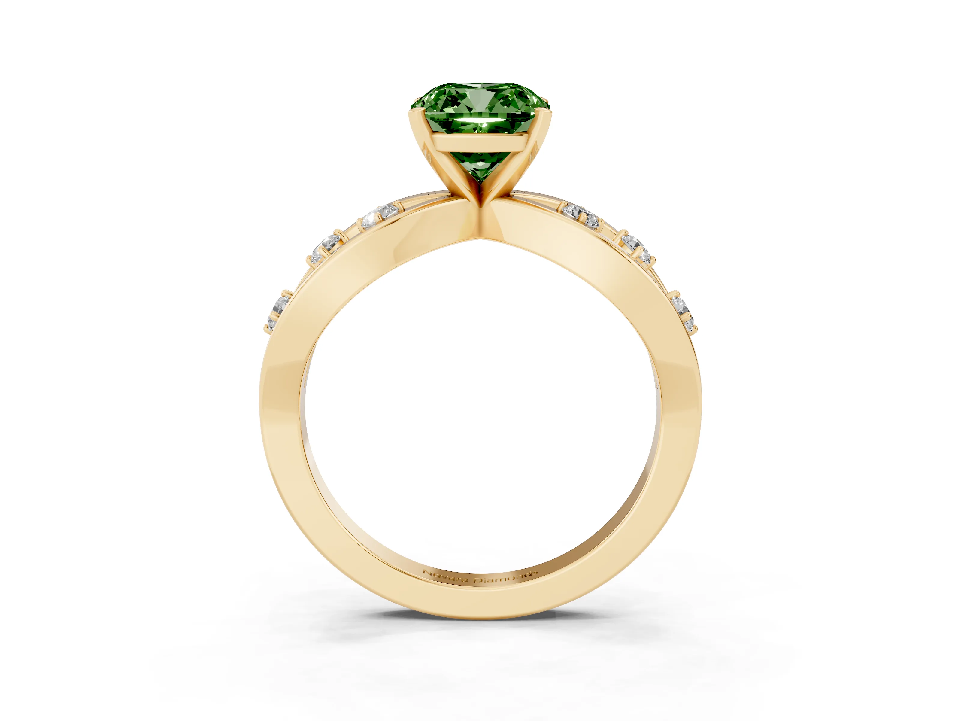Fancy Green Cushion Cut Diamond Solitaire Ring Set in Yellow gold with Side Stones on Criss-Cross Band and Prong Setting