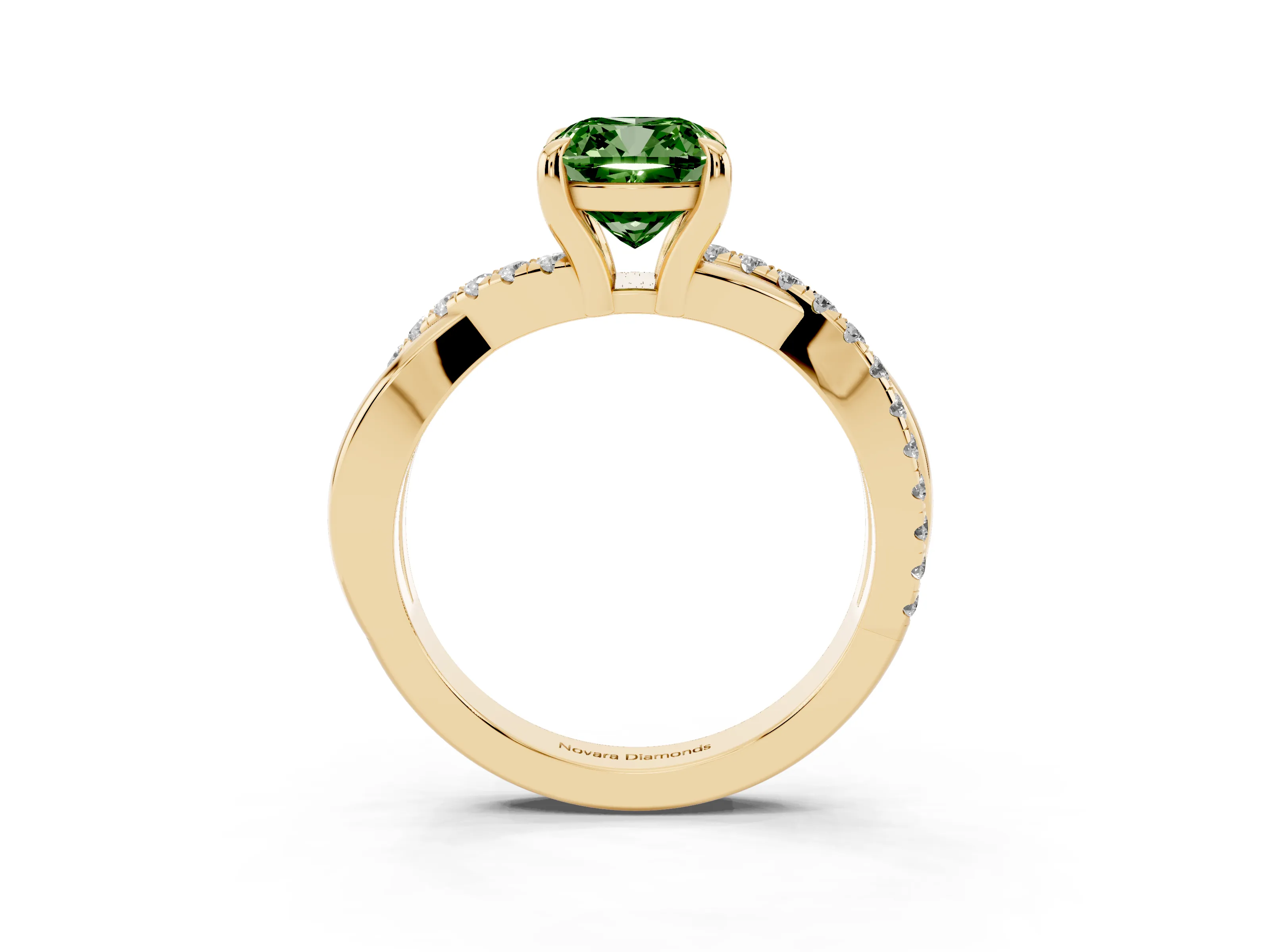 Fancy Green Cushion Cut Diamond Twist Band Pavé Solitaire Ring Set in Yellow gold with Prong Setting