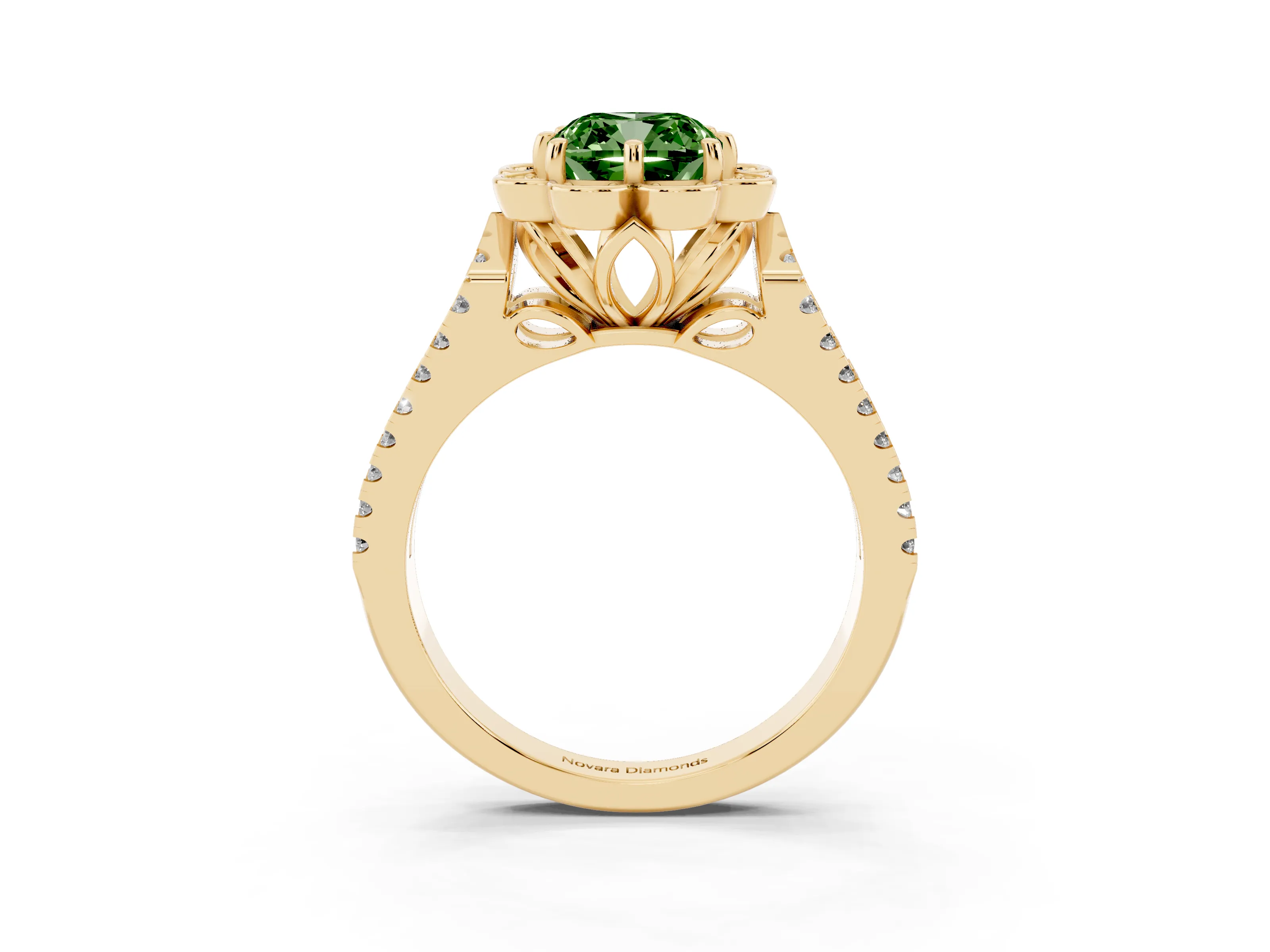Fancy Green Cushion Cut Diamond Floral Halo Split Shank Engagement Ring Set in Yellow gold with Pavé Shank