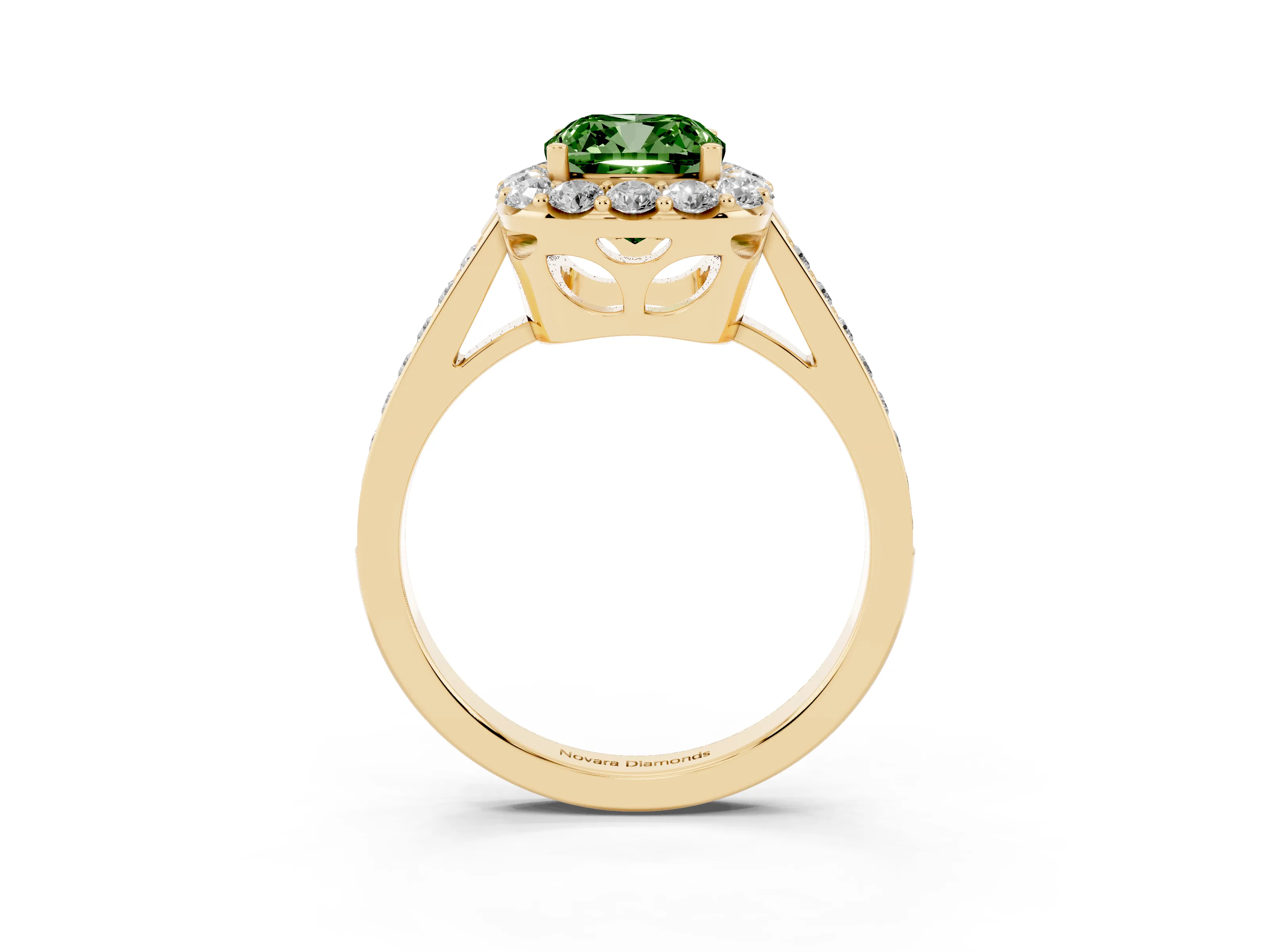 Fancy Green Cushion Cut Diamond Floral Halo Ring Set in Yellow gold with Pavé Band and Prong Setting