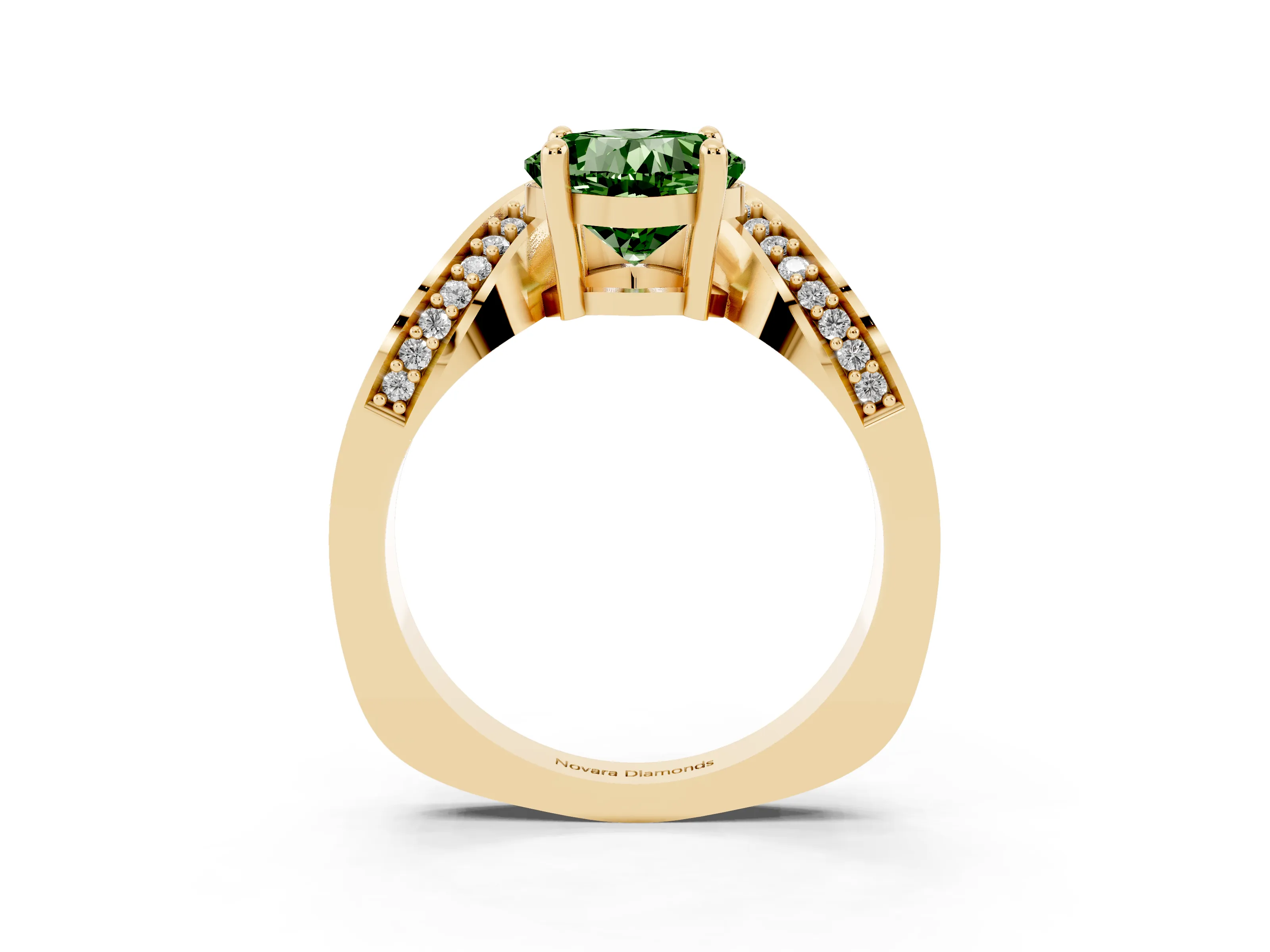Fancy Green Cushion Cut Diamond Solitaire Engagement Ring Set in Yellow gold with Pavé Shoulders