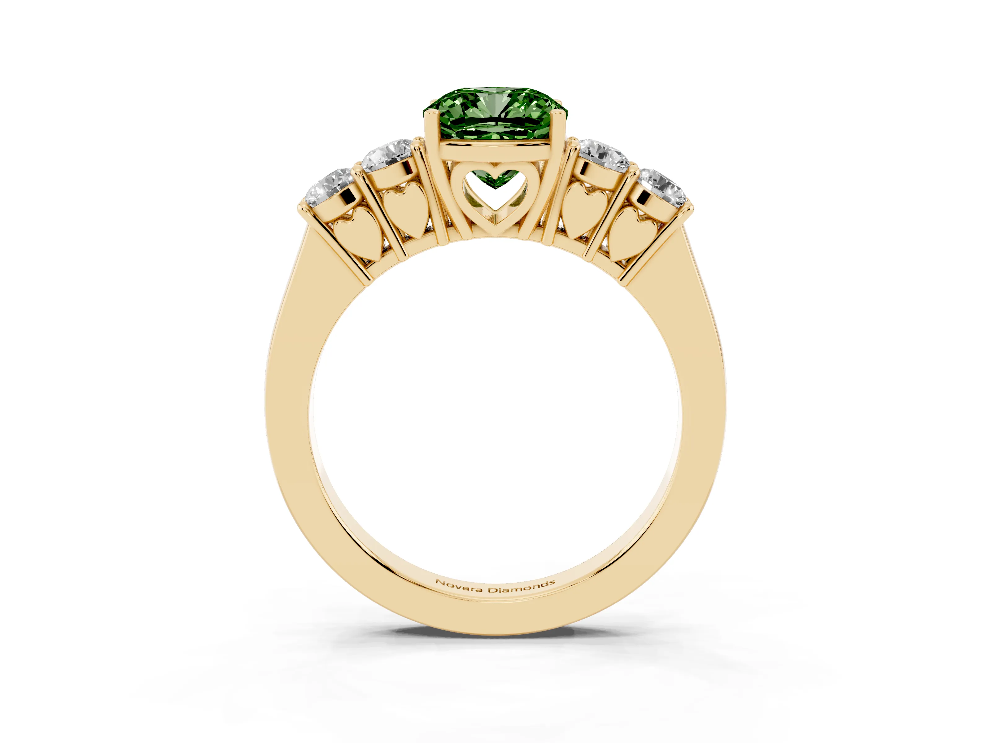 Fancy Green Cushion Cut Diamond Five-Stone Prong Set Band Ring Set in Yellow gold with Polished Band