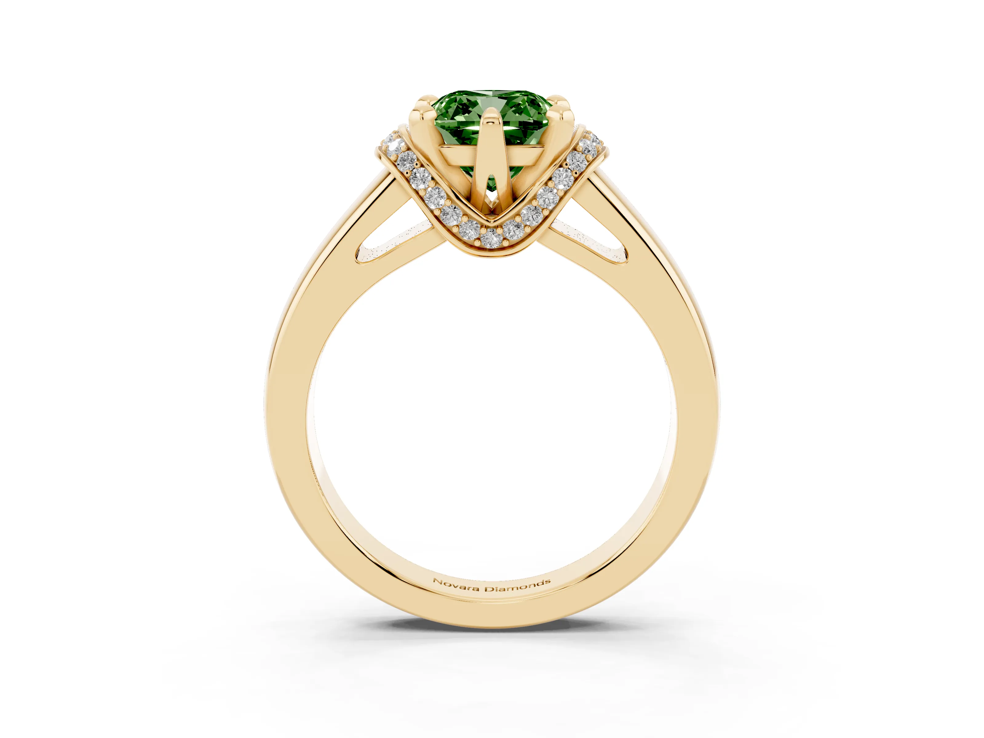 Fancy Green Cushion Cut Diamond Pavé Band Solitaire Ring Set in Yellow gold with Prong Setting