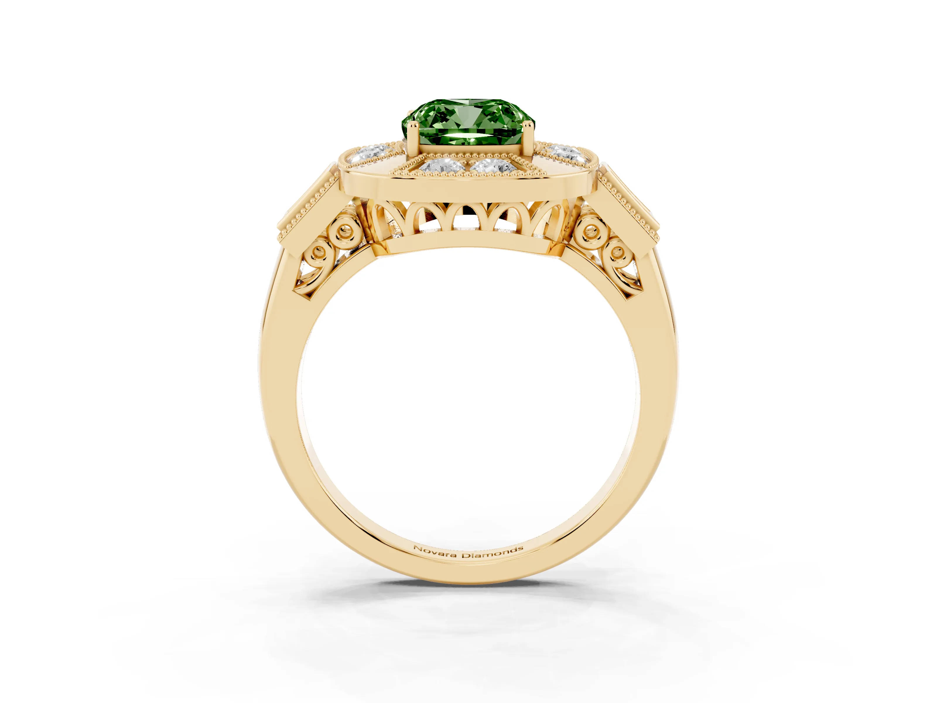 Fancy Green Cushion Cut Diamond Milgrain Halo Ring Set in Yellow gold with Split Shank