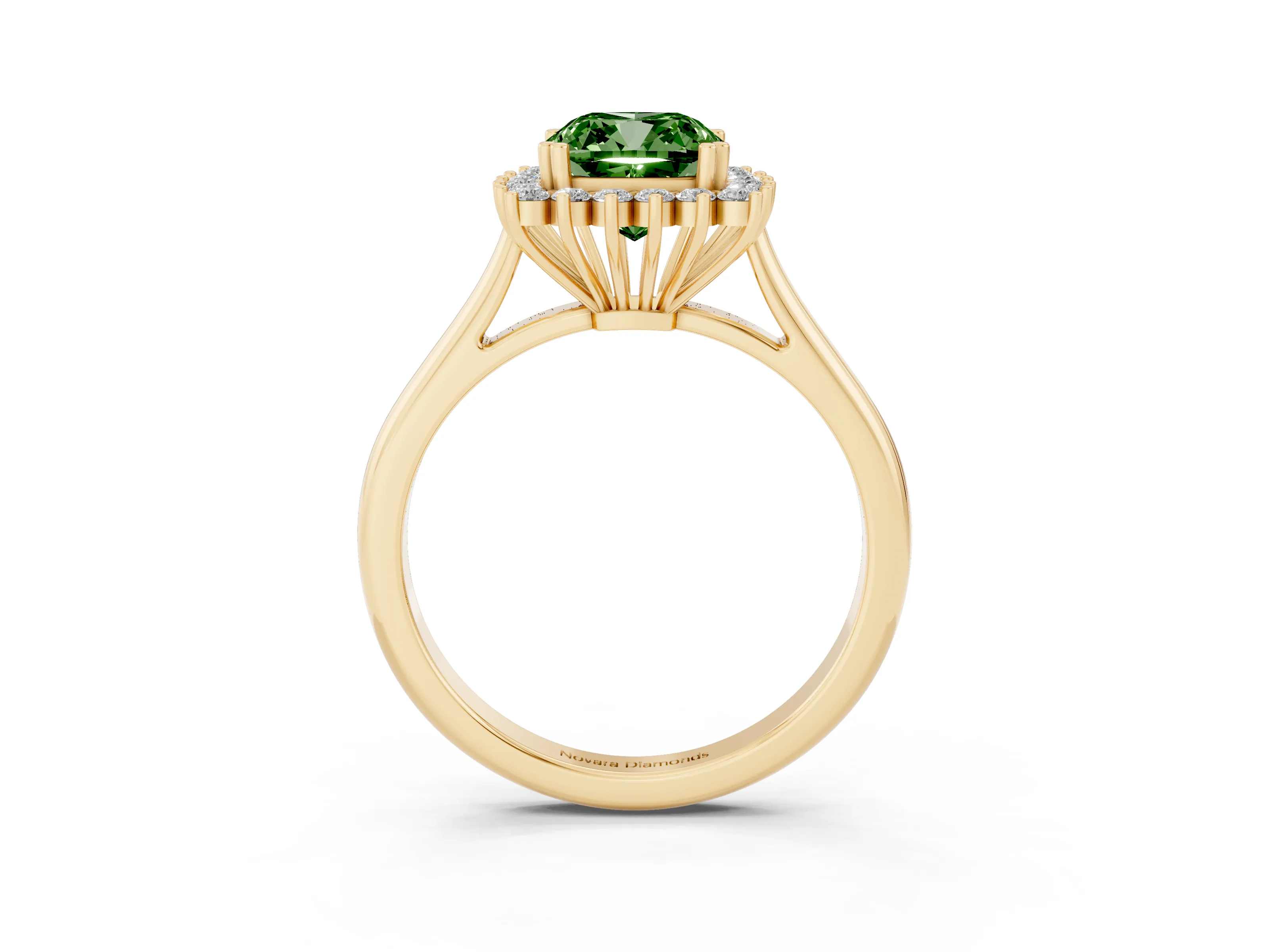 Fancy Green Cushion Cut Diamond Halo Ring Set in Yellow gold with Plain Solitaire Band and Prong Setting