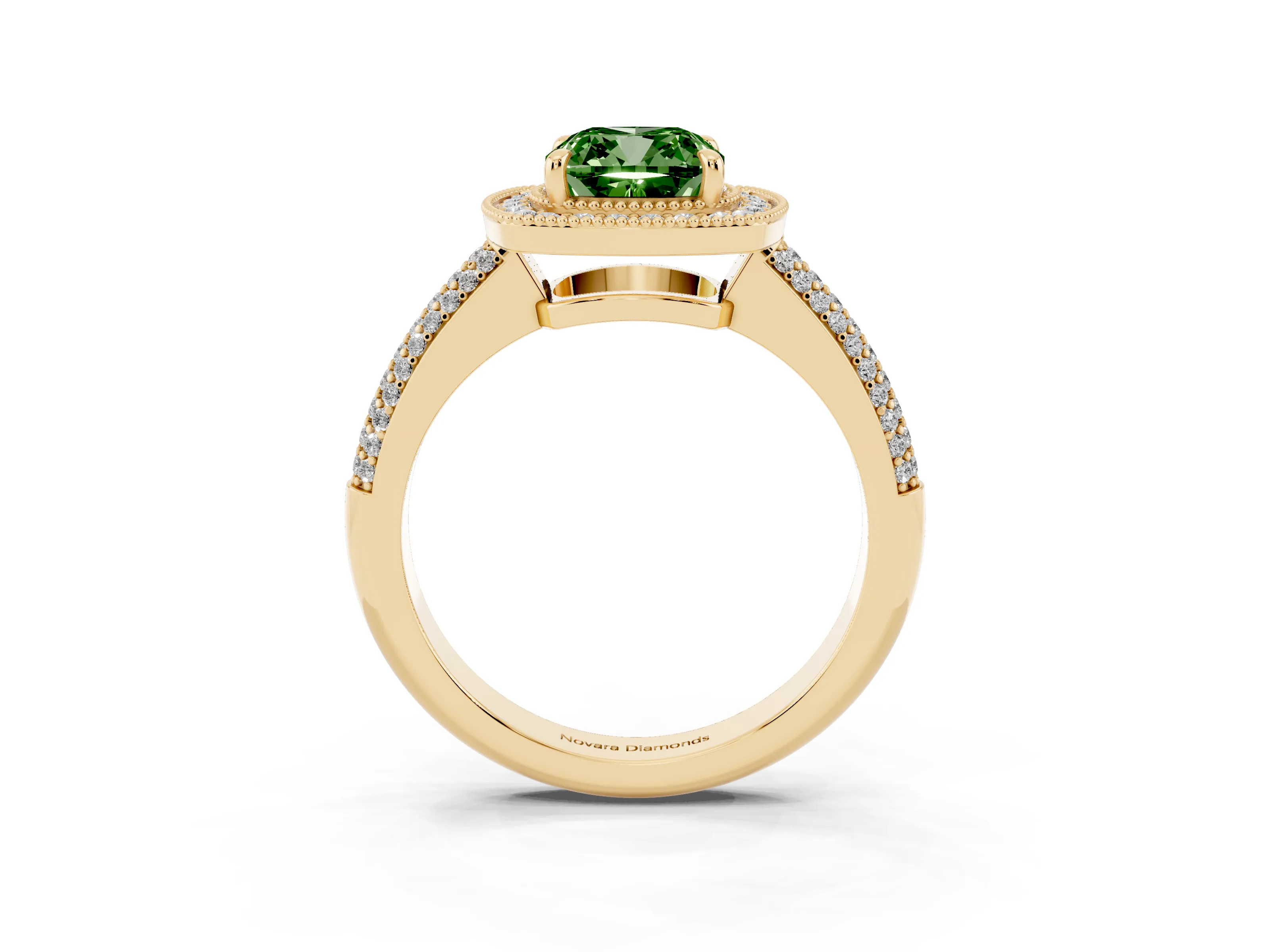 Fancy Green Cushion Cut Diamond Halo Pavé Band Set in Yellow gold with Prong Setting