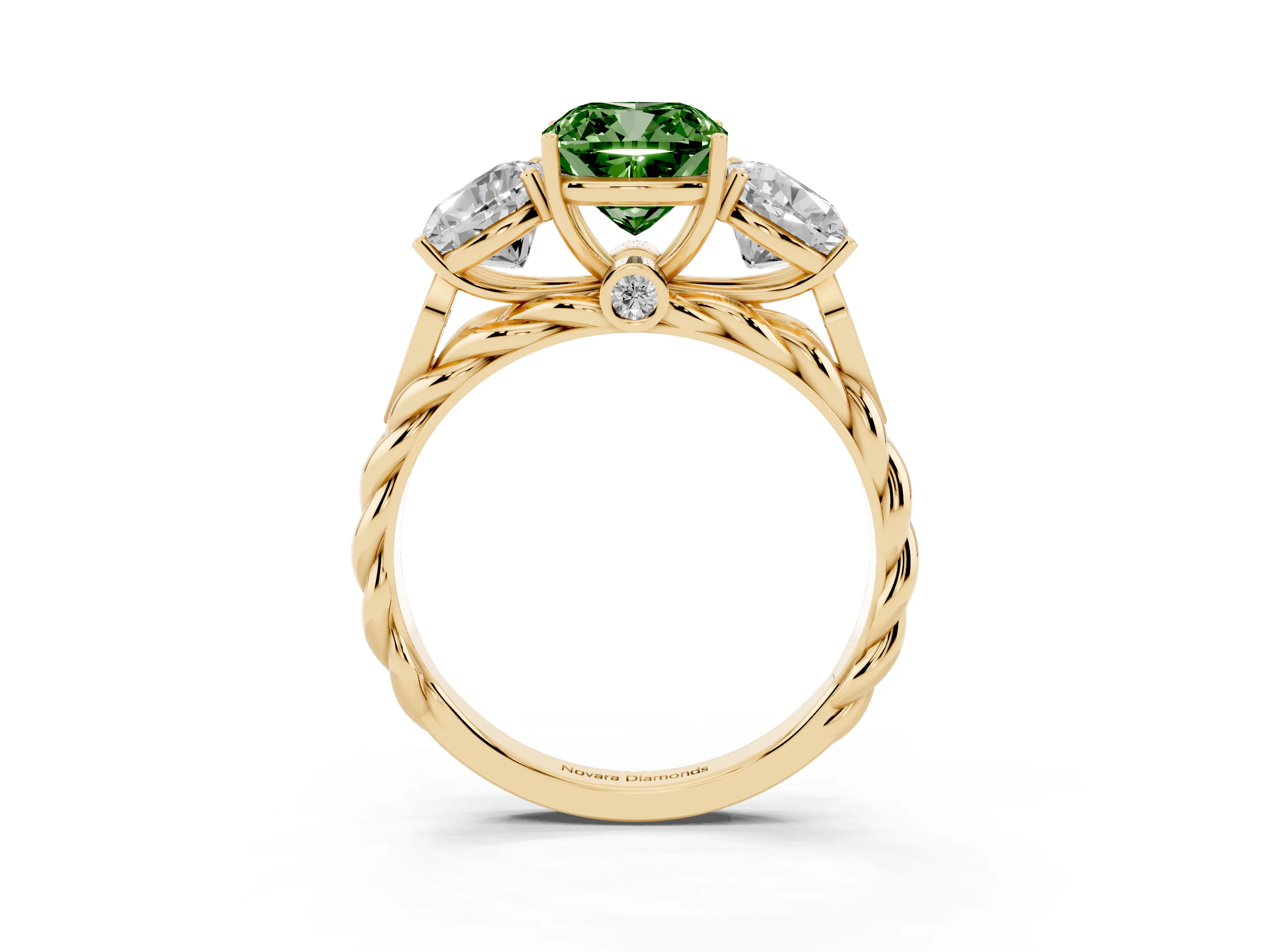 Fancy Green Cushion Cut Diamond Three-Stone Ring Set in Yellow gold with Braided Band