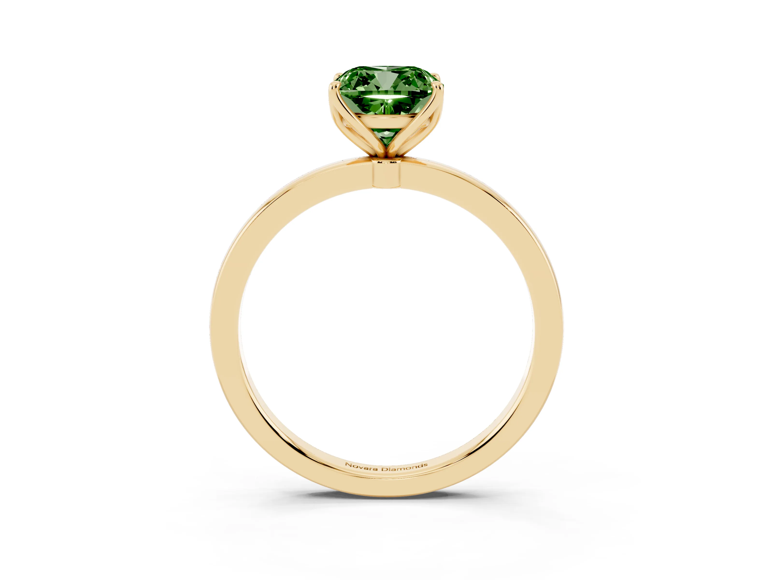 Fancy Green Cushion Cut Diamond Solitaire Ring Set in Yellow gold with Prong Setting and Thin Polished Band