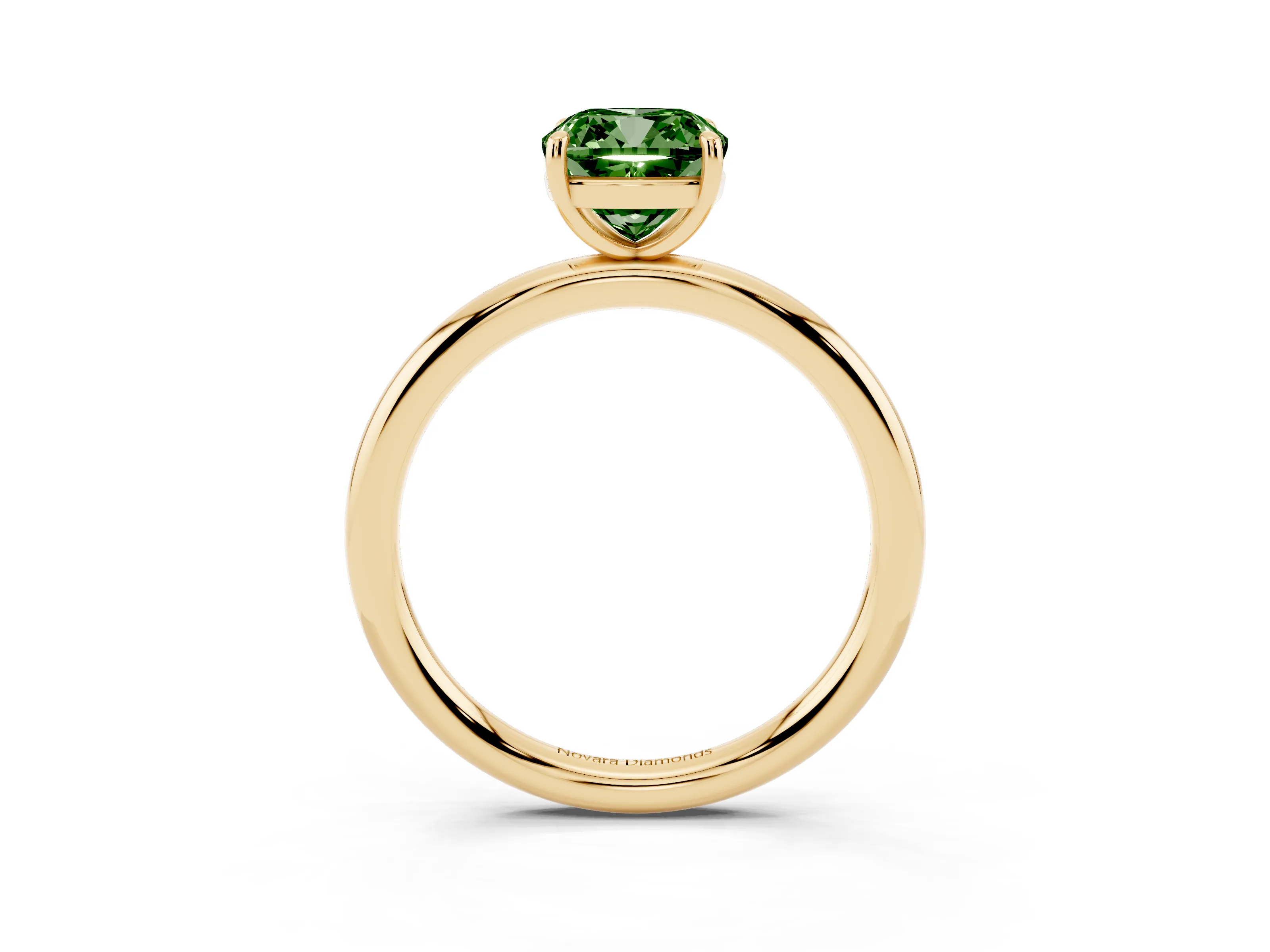 Fancy Green Cushion Cut Diamond Solitaire Ring Set in Yellow gold with Prong Setting on a Polished Plain Band
