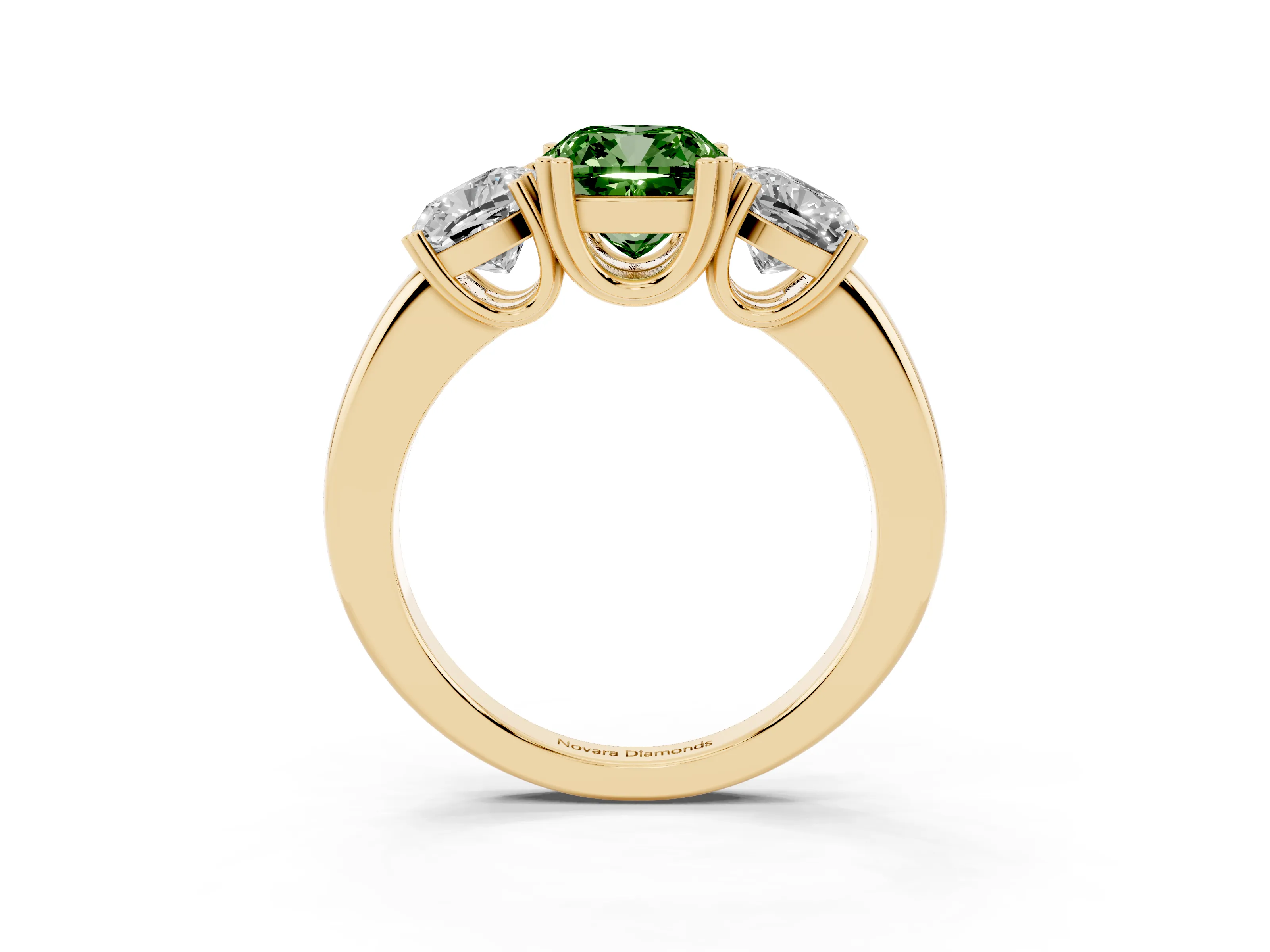 Fancy Green Cushion Cut Diamond Three-Stone Ring Set in Yellow gold with Polished Band and Prong Setting