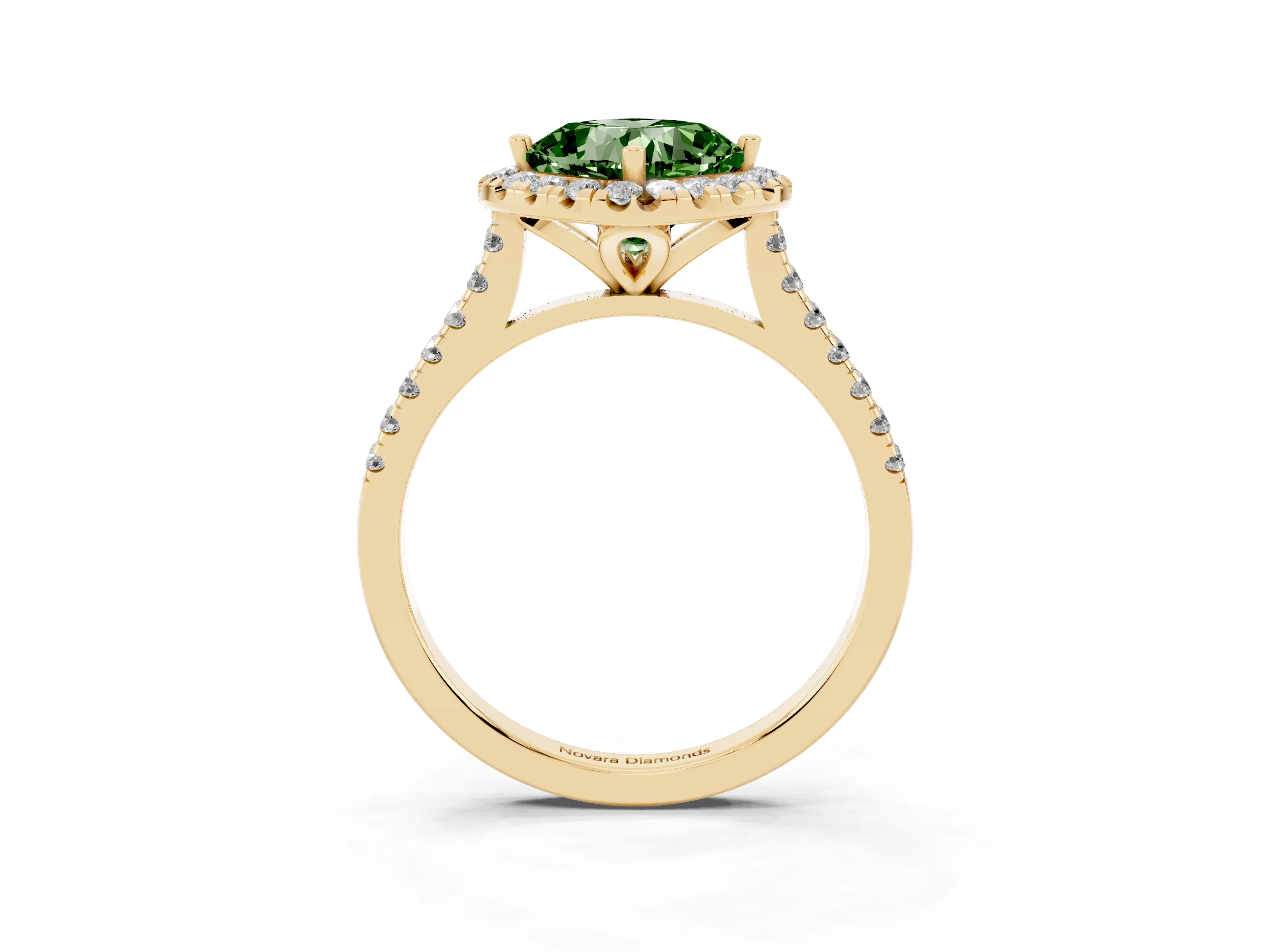 Fancy Green Cushion Cut Diamond Cushion Halo Ring Set in Yellow gold with Pavé Band
