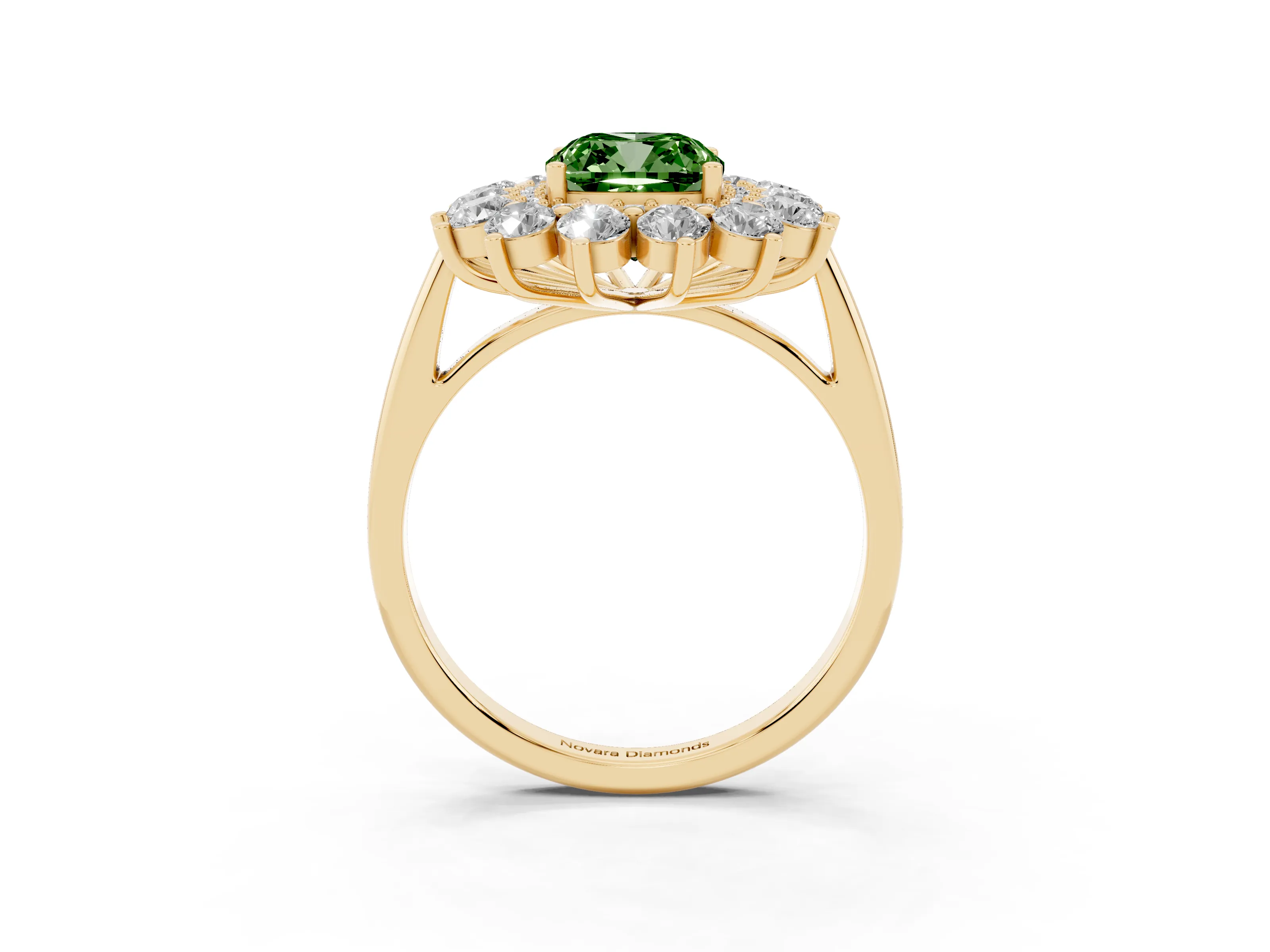 Fancy Green Cushion Cut Diamond Floral Double Halo Ring Set in Yellow gold with Round Petals