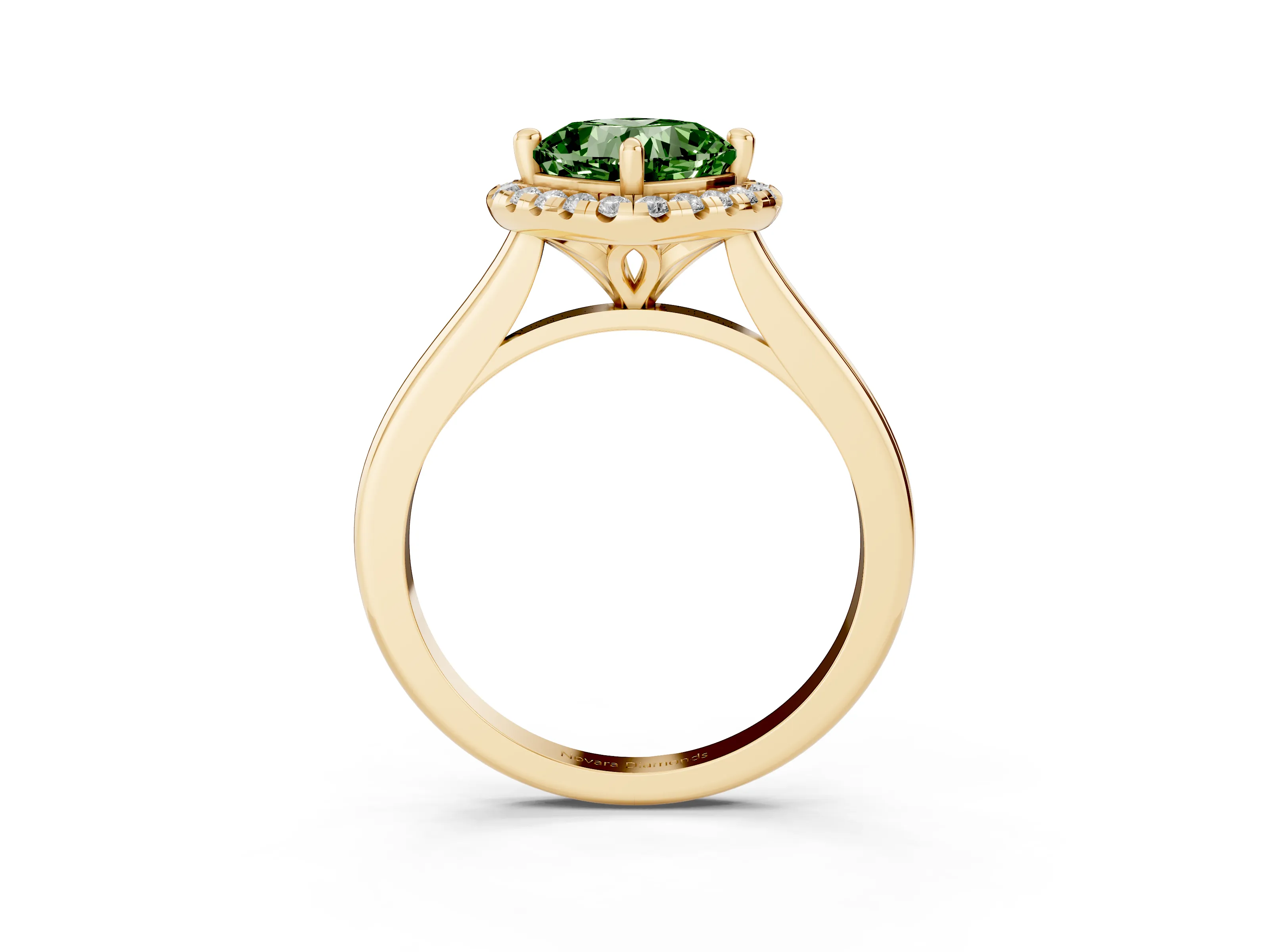 Fancy Green Cushion Cut Diamond Halo Engagement Ring Set in Yellow gold with Pavé Band and Rising Shoulders