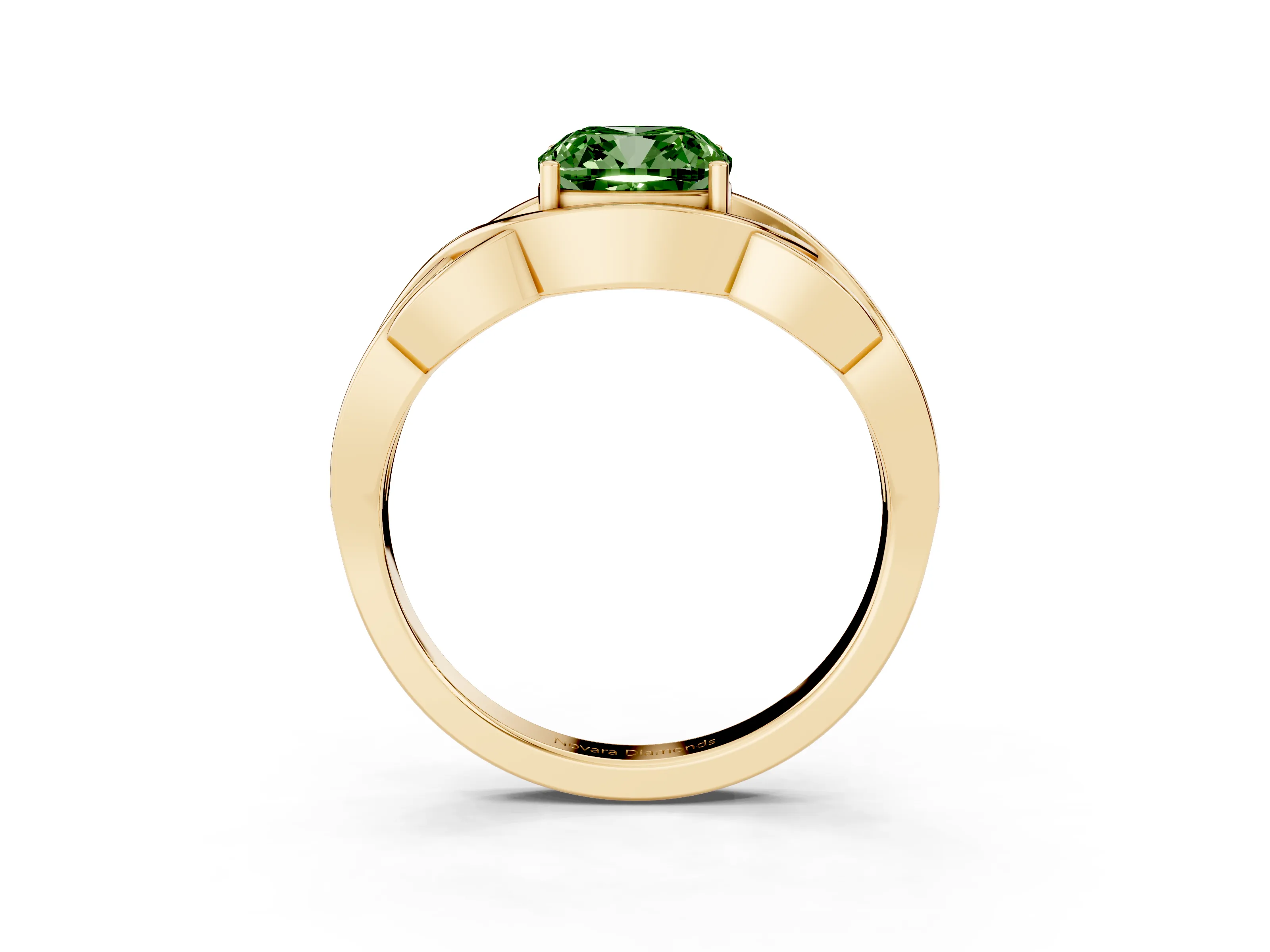 Fancy Green Cushion Cut Diamond Solitaire Ring Set in Yellow gold with Intertwined Band