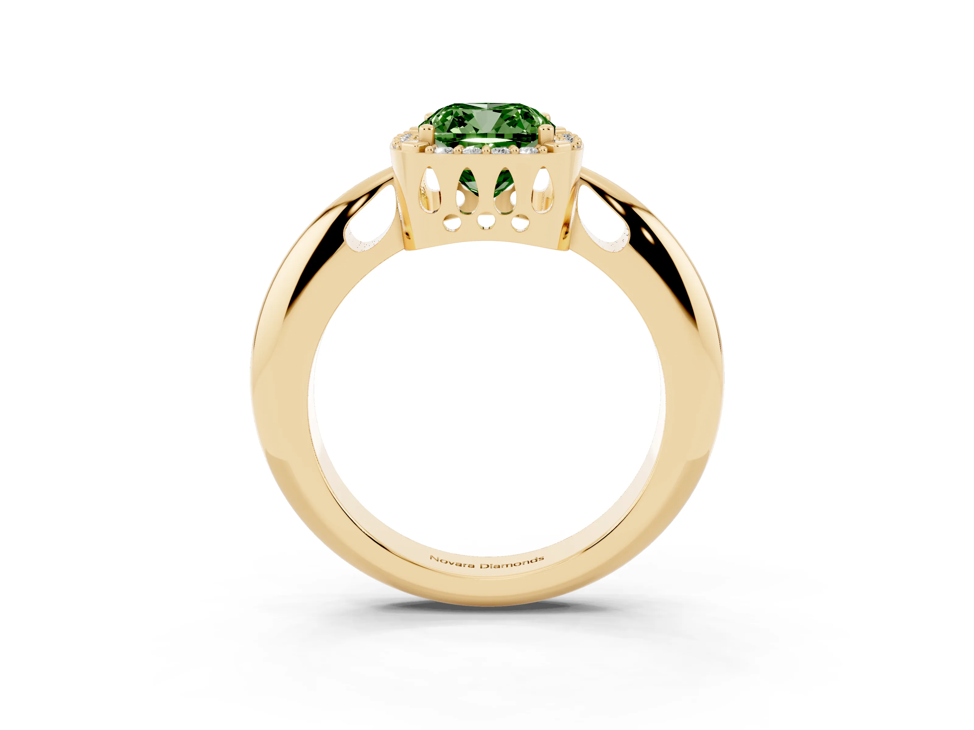Fancy Green Cushion Cut Diamond Halo Engagement Ring Set in Yellow gold with Plain Split Shank and Prong Setting