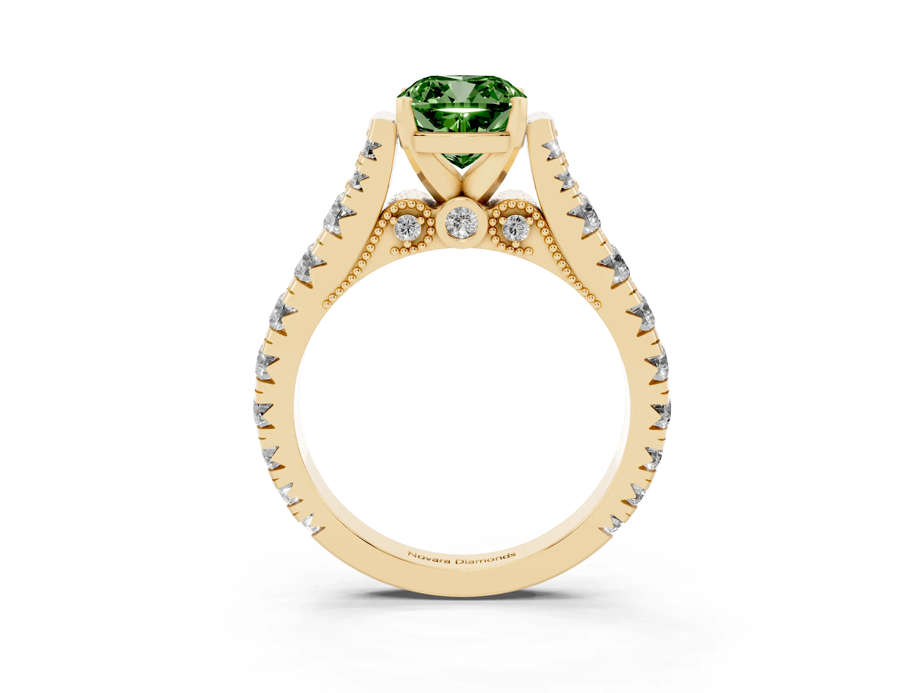 Fancy Green Cushion Cut Diamond Classic Solitaire Ring Set in Yellow gold with Pavé Band and Prong Setting