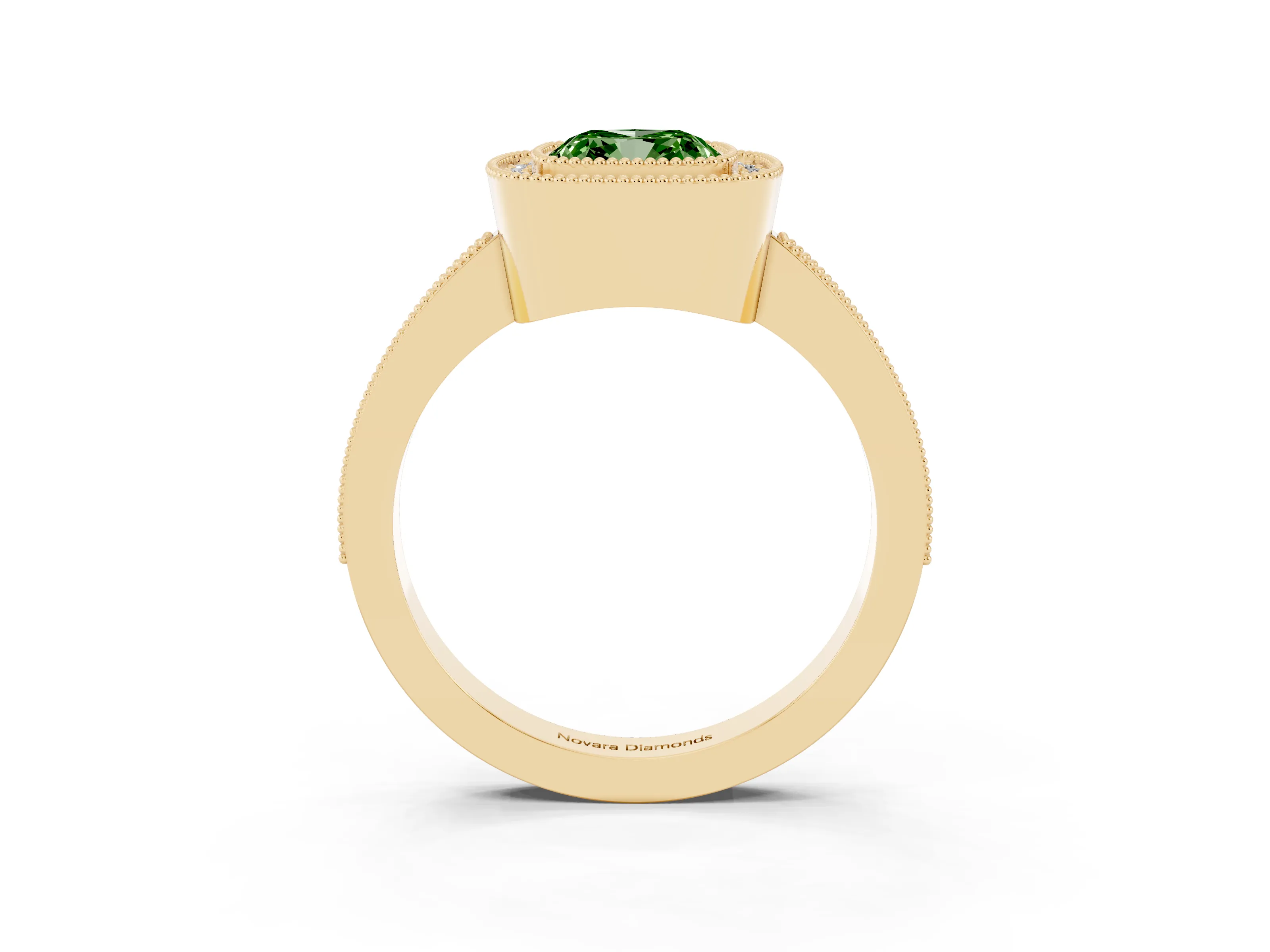 Fancy Green Cushion Cut Diamond Halo Engagement Ring Set in Yellow gold with Pavé Band and Round Halo Stones