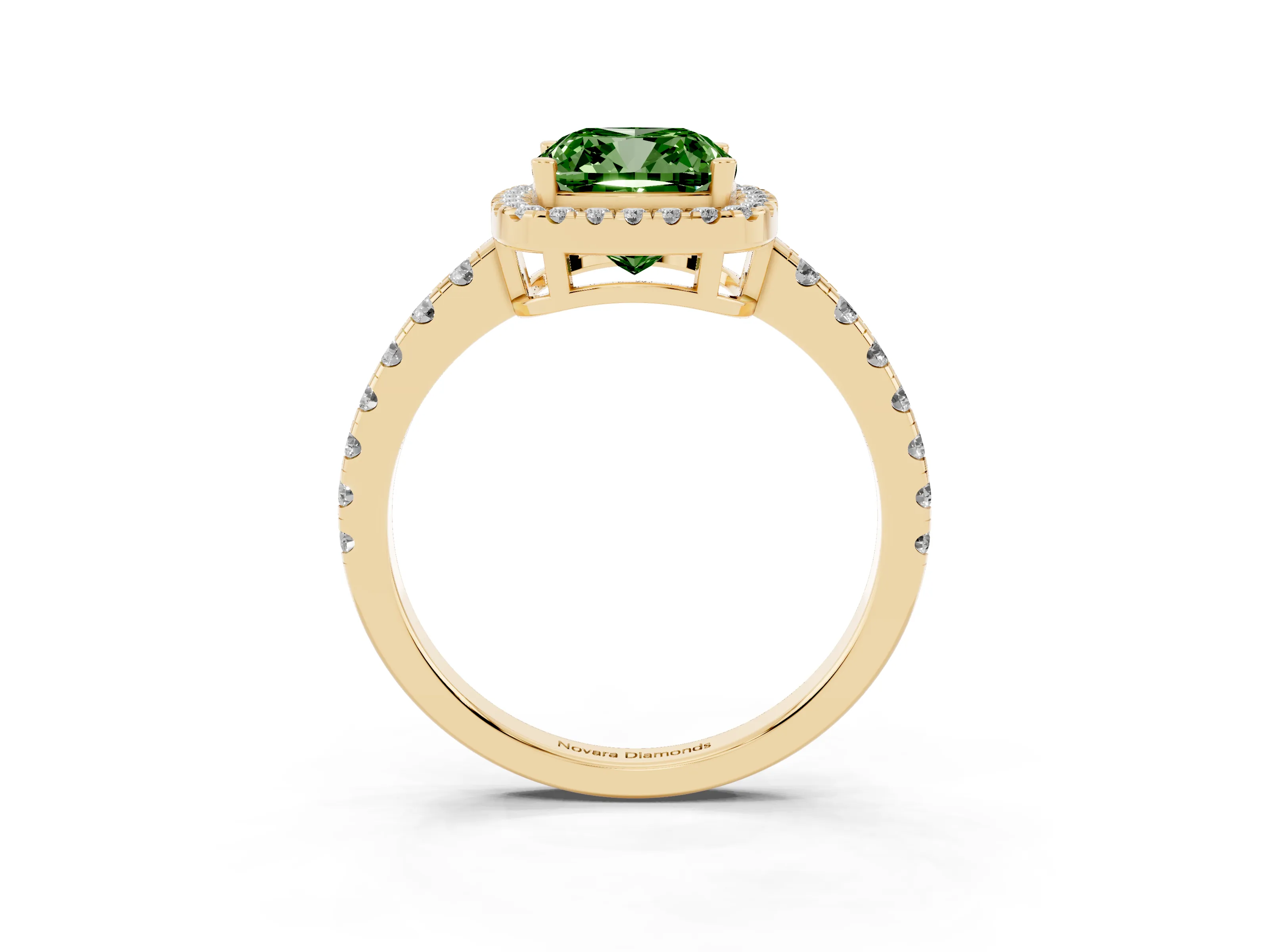Fancy Green Cushion Cut Diamond Halo Ring Set in Yellow gold with Delicate Pavé Band and Prong Setting