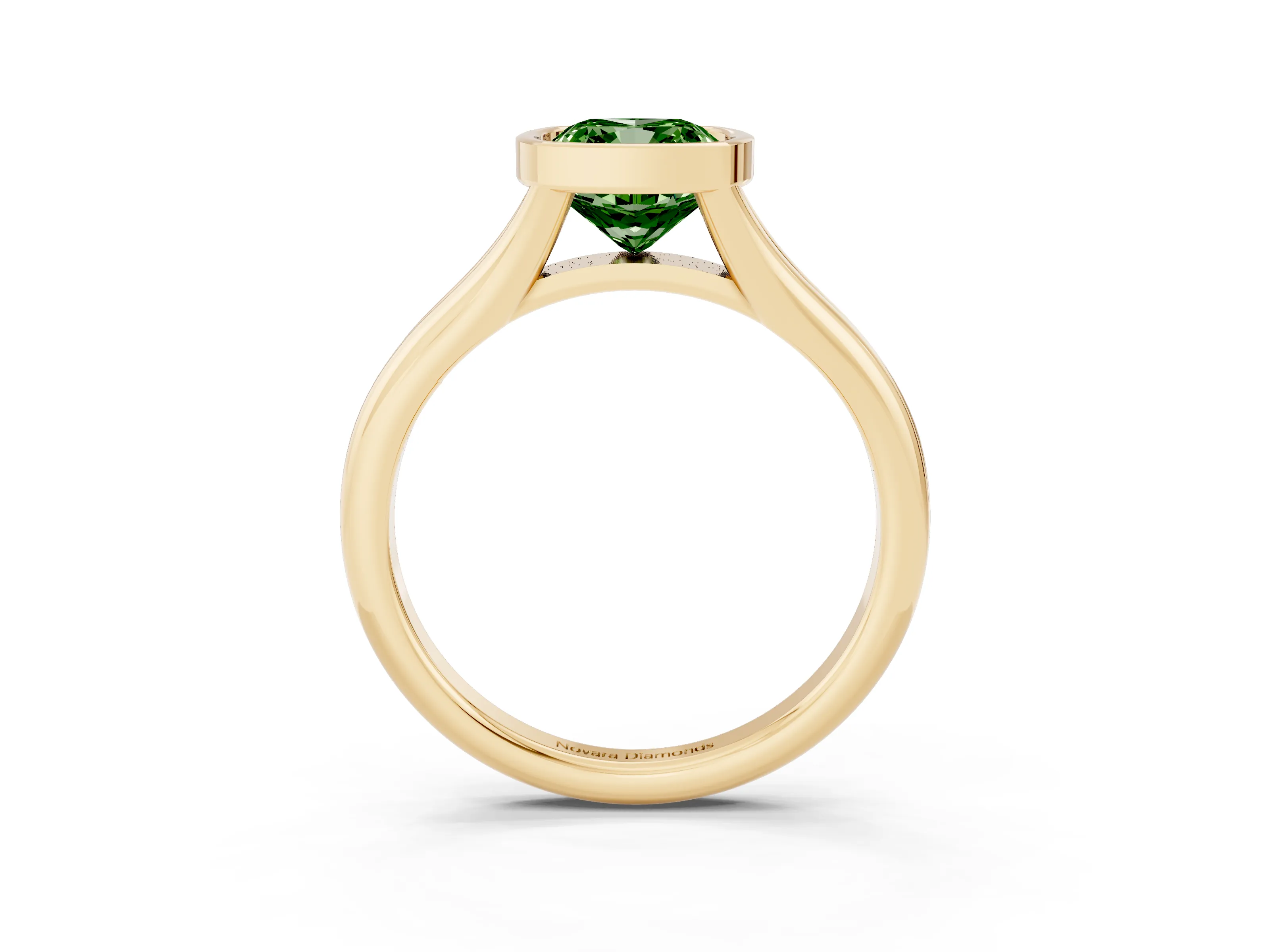 Fancy Green Bezel Set Cushion Cut Diamond Solitaire Ring Set in Yellow gold with Smooth Band