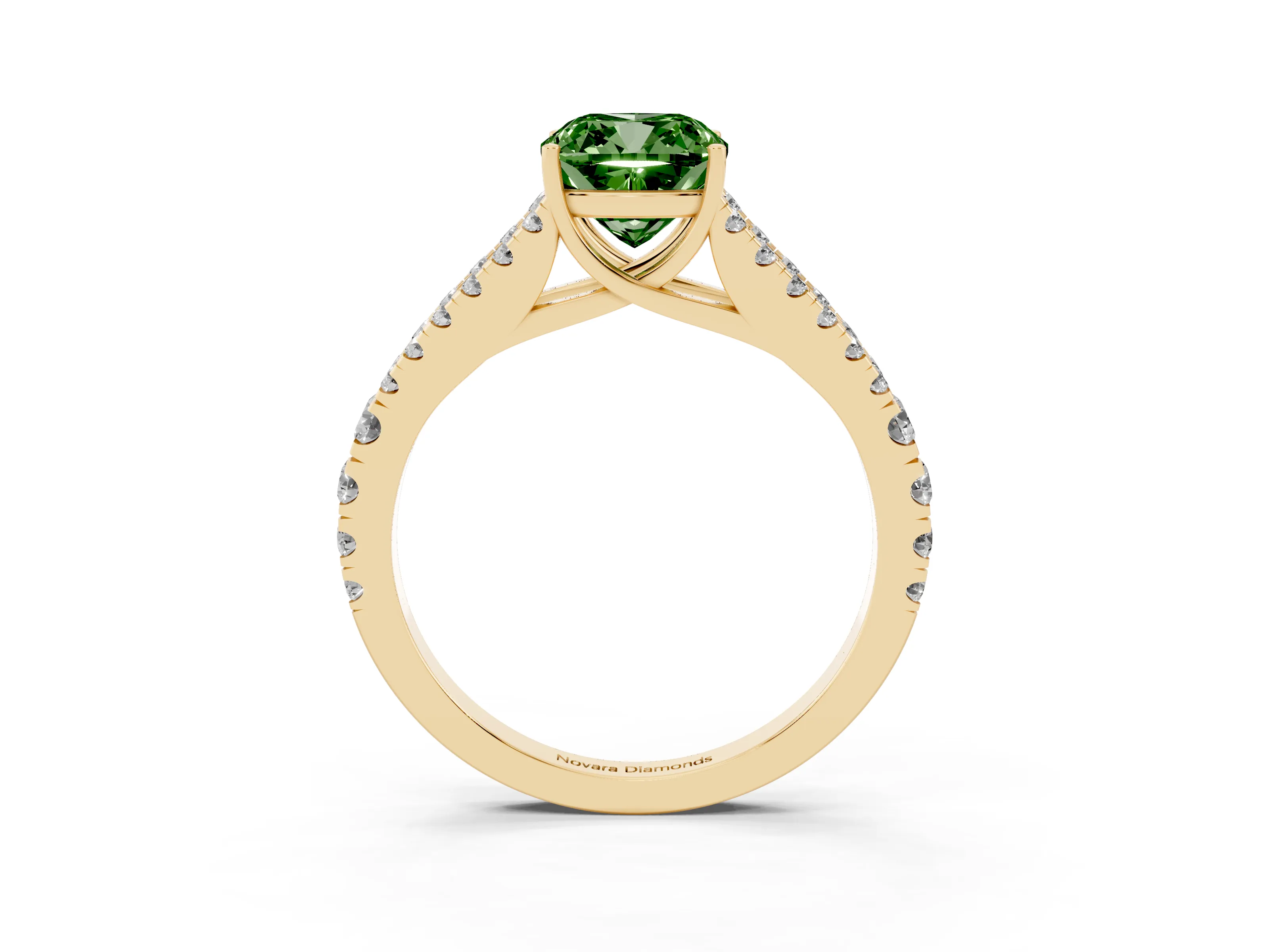 Fancy Green Cushion Cut Diamond Split Shank Pavé Engagement Ring Set in Yellow gold with Prong-Held Center Stone