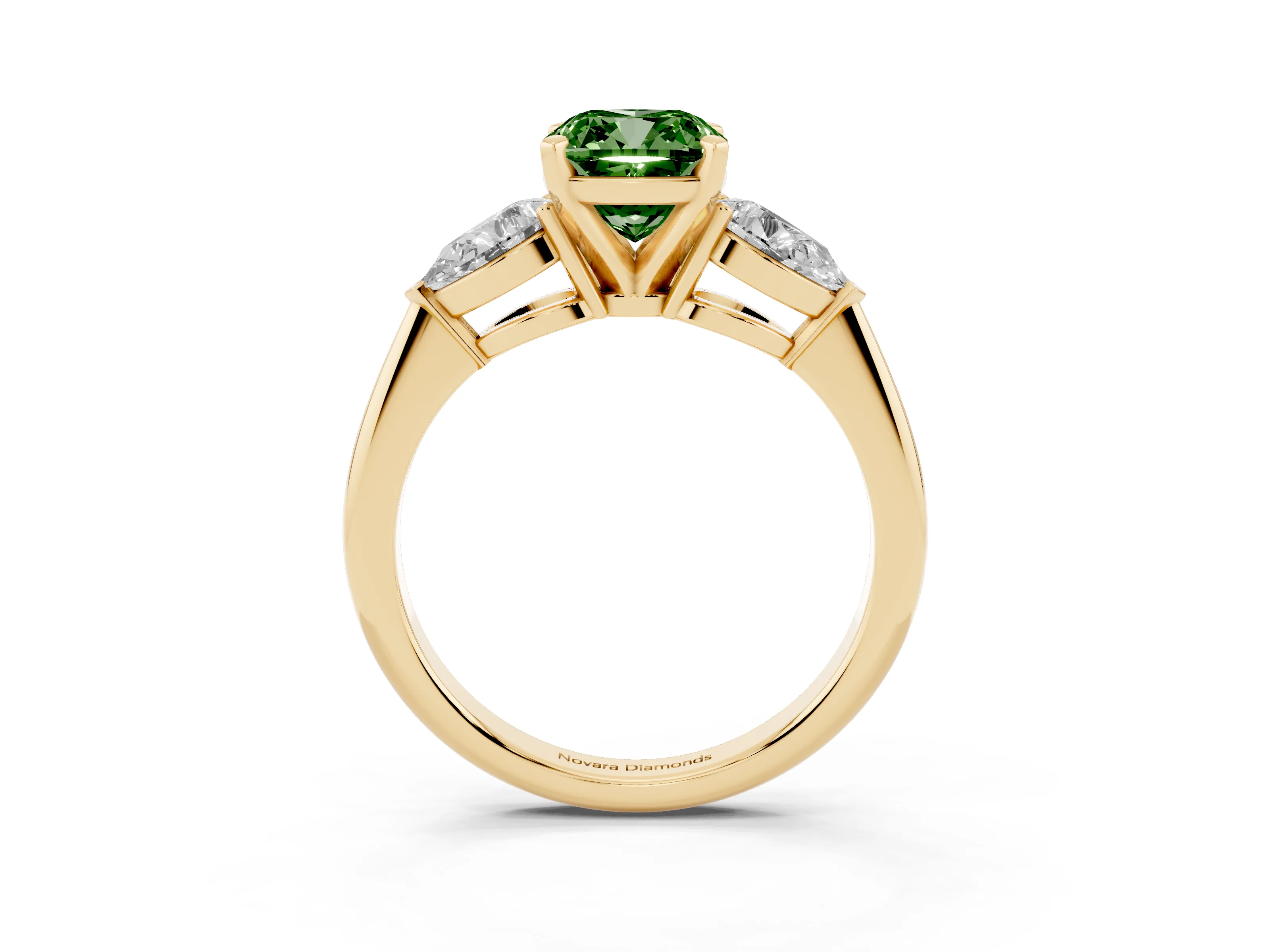Fancy Green Three-Stone Cushion Cut Diamond Ring Set in Yellow gold with Pear Side Stones and Prong Setting