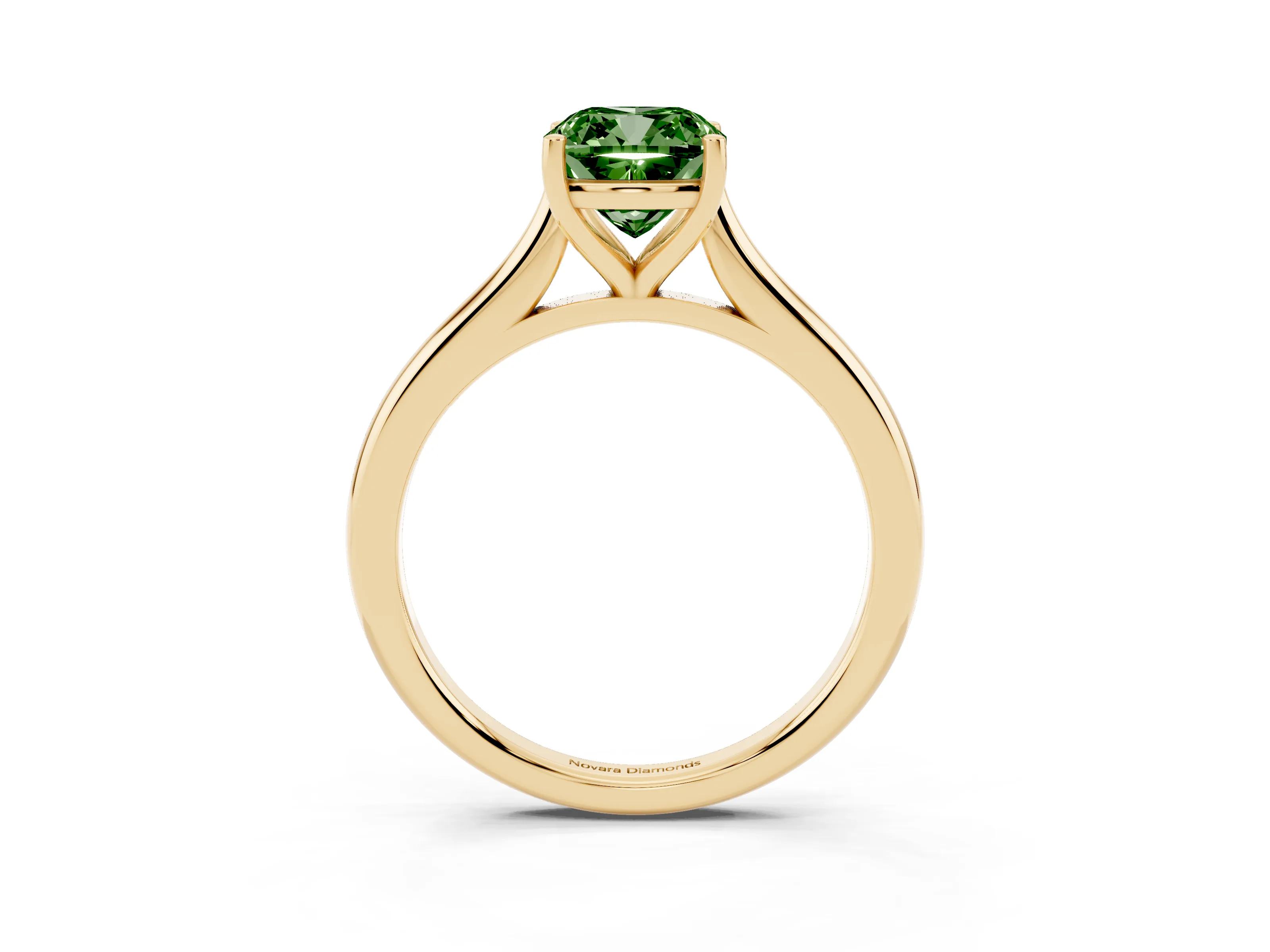 Fancy Green Cushion Cut Diamond Solitaire Ring Set in Yellow gold with Cathedral Band and Prong Setting