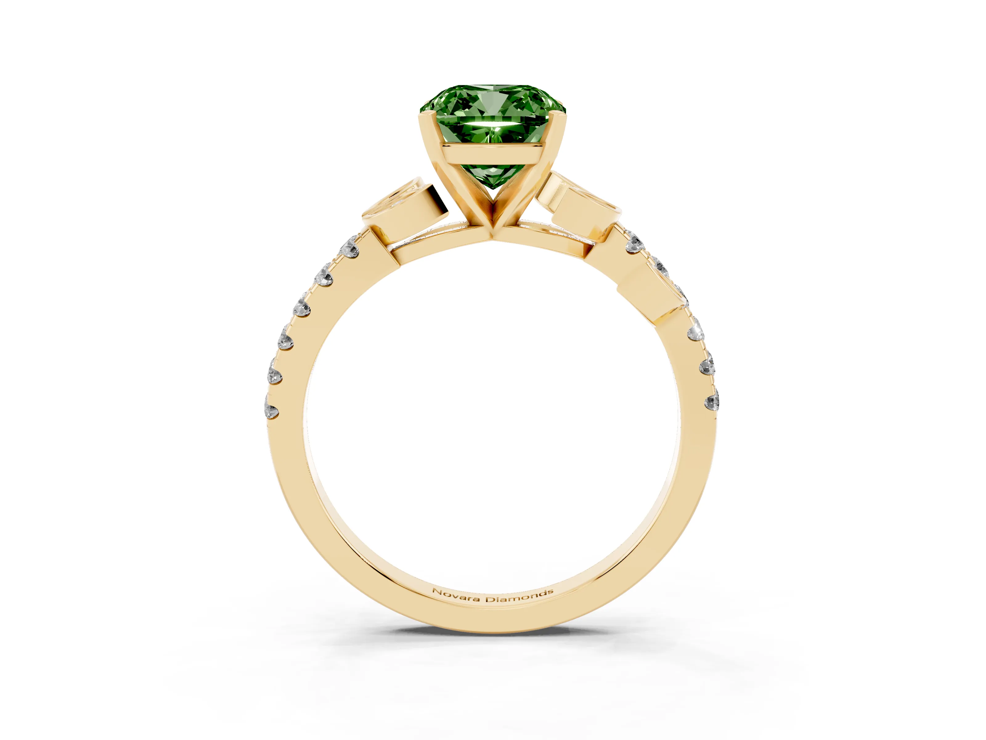 Fancy Green Cushion Cut Diamond Solitaire Leaf-Inspired Ring Set in Yellow gold with Pavé Band and Prong Setting