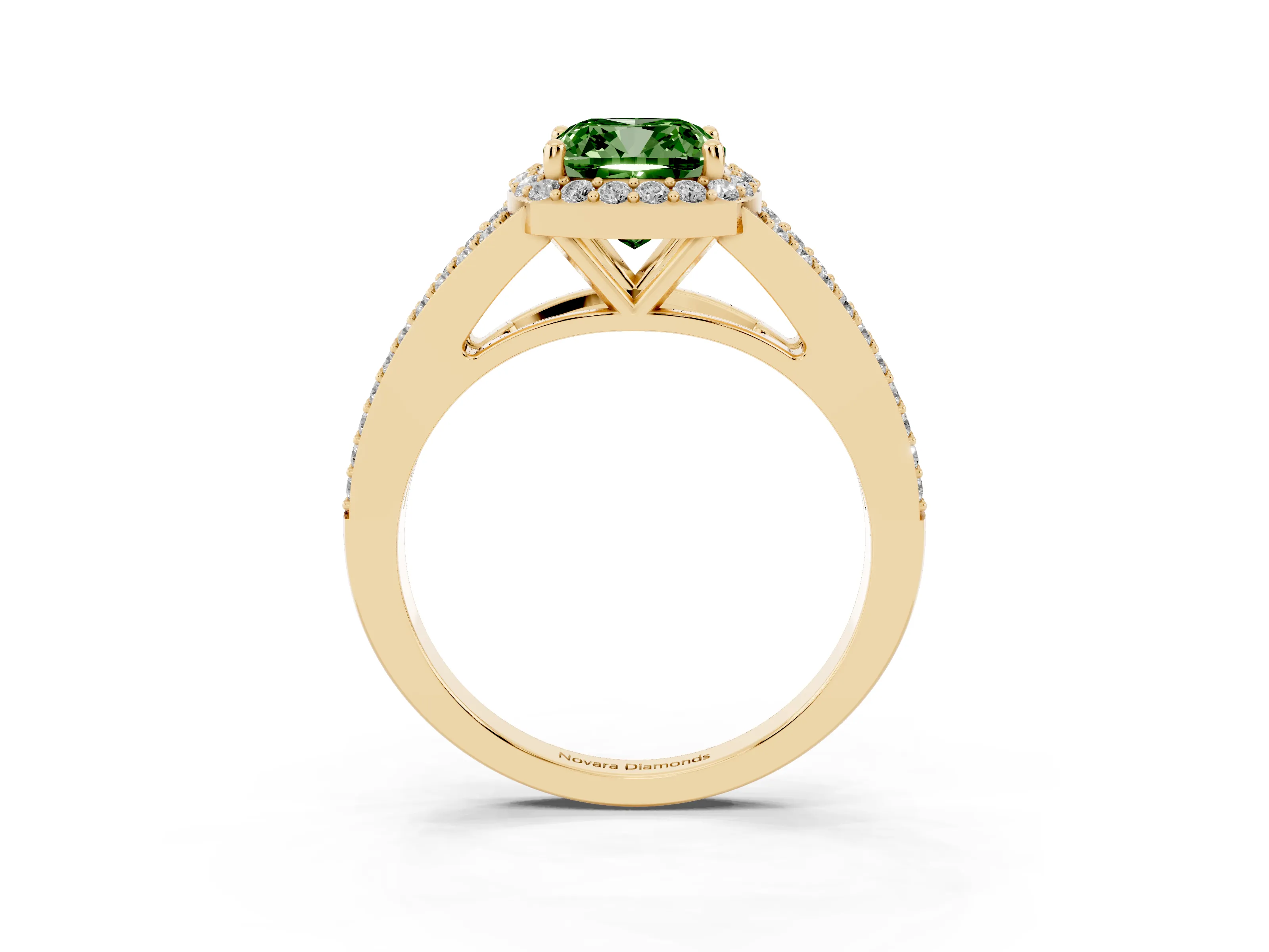 Fancy Green Cushion Cut Diamond Halo Split Shank Ring Set in Yellow gold with Accent Stones and Prong Setting