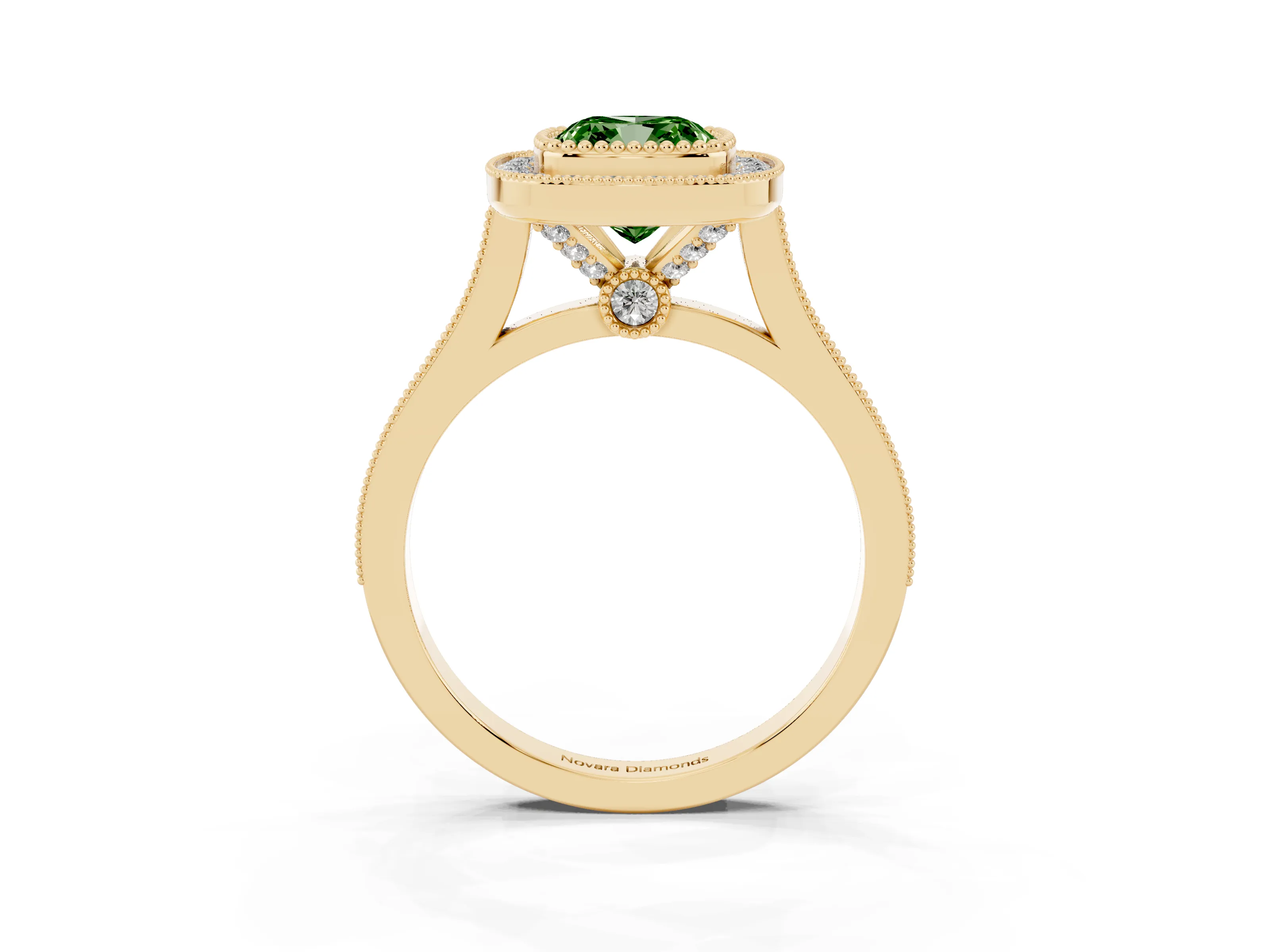 Fancy Green Cushion Cut Diamond Halo Ring Set in Yellow gold with Milgrain Frame and Pavé Band