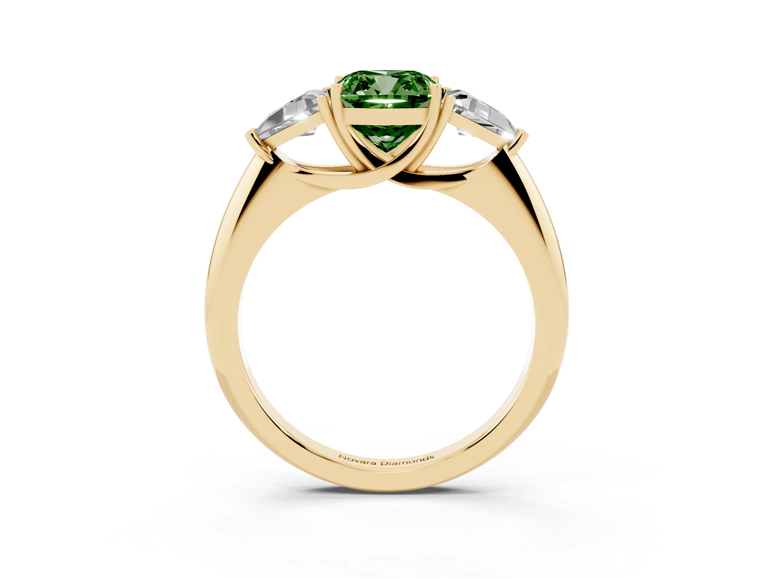Fancy Green Cushion Cut Diamond Three-Stone Engagement Ring Set in Yellow gold with Trillion Side Stones