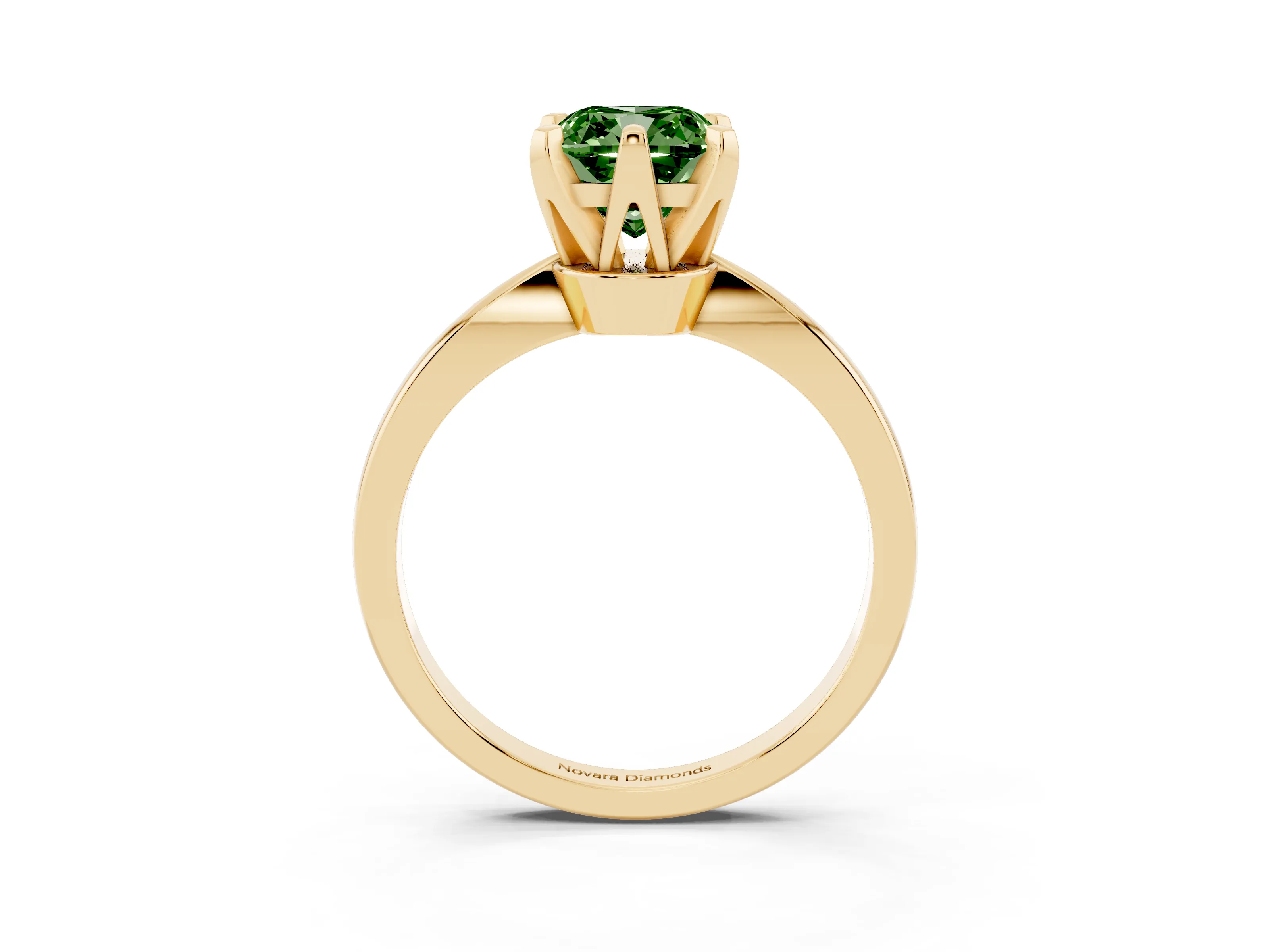 Fancy Green Cushion Cut Diamond Solitaire Engagement Ring Set in Yellow gold with Slim Tapered Solitaire Band