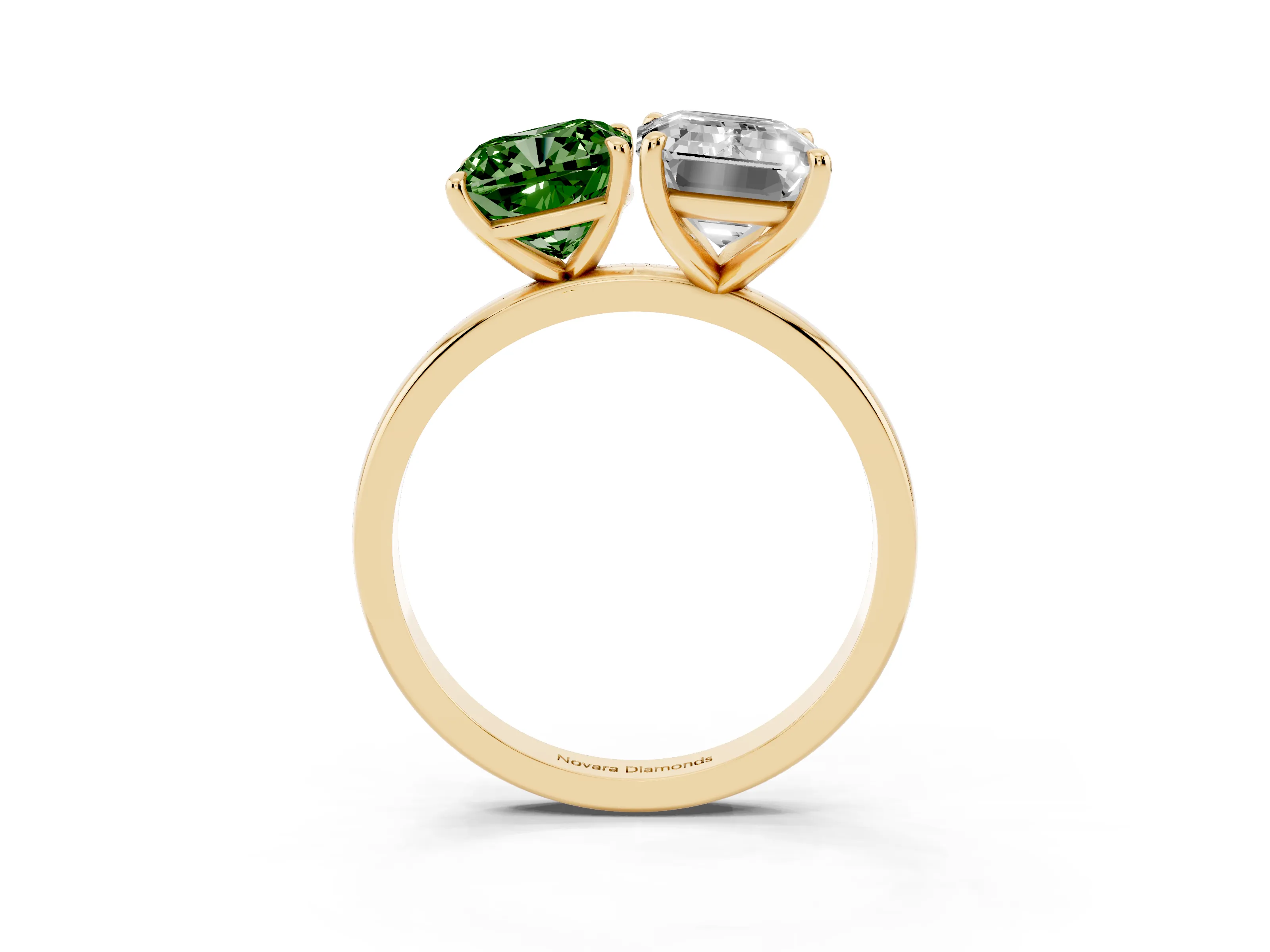 Fancy Green Cushion Cut and Emerald Cut Toi Moi Ring Set in Yellow gold with Prong Setting