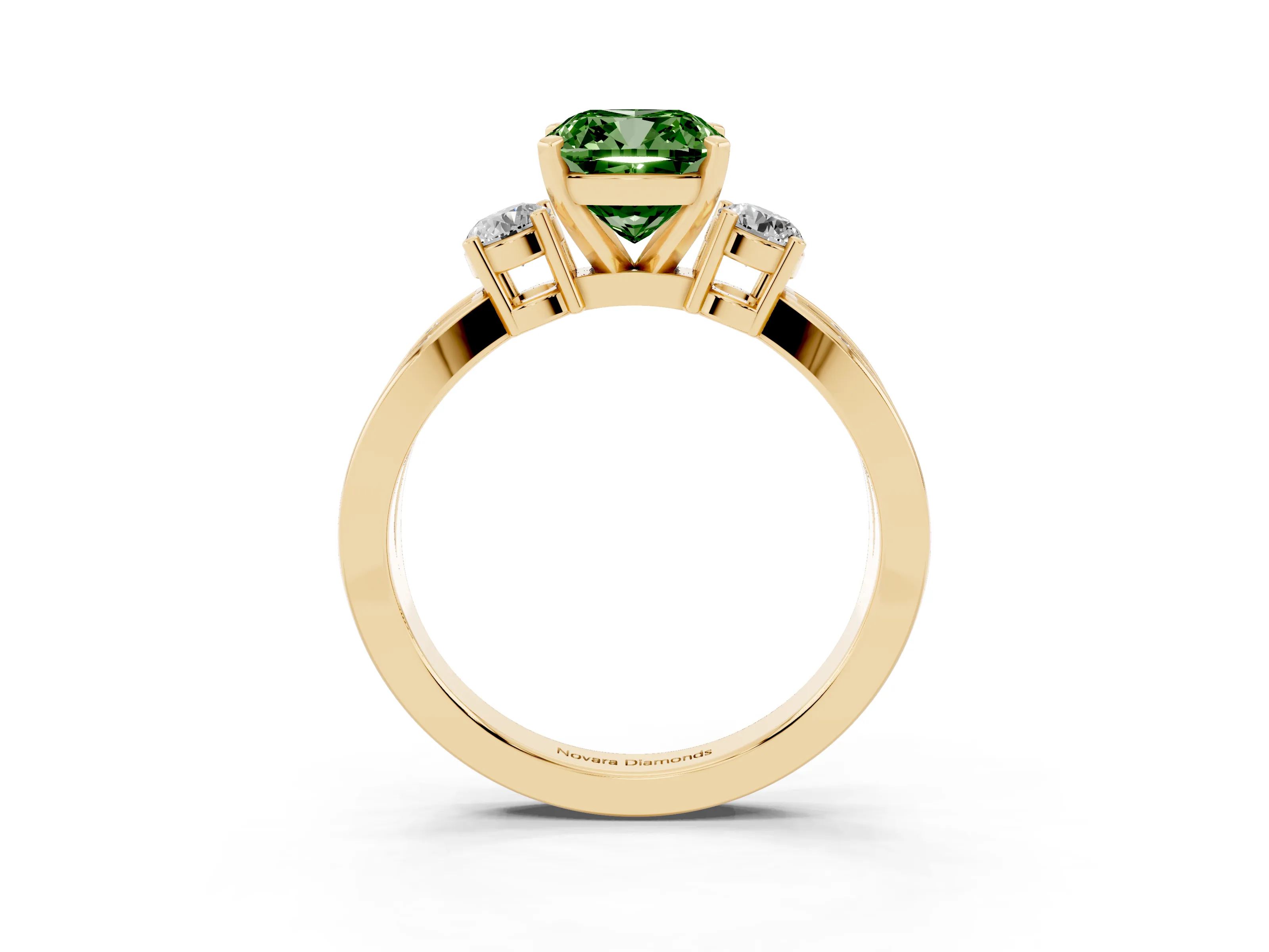 Fancy Green Three-Stone Cushion Cut Diamond Twist Band Ring Set in Yellow gold with Pavé Accents and Prong Setting