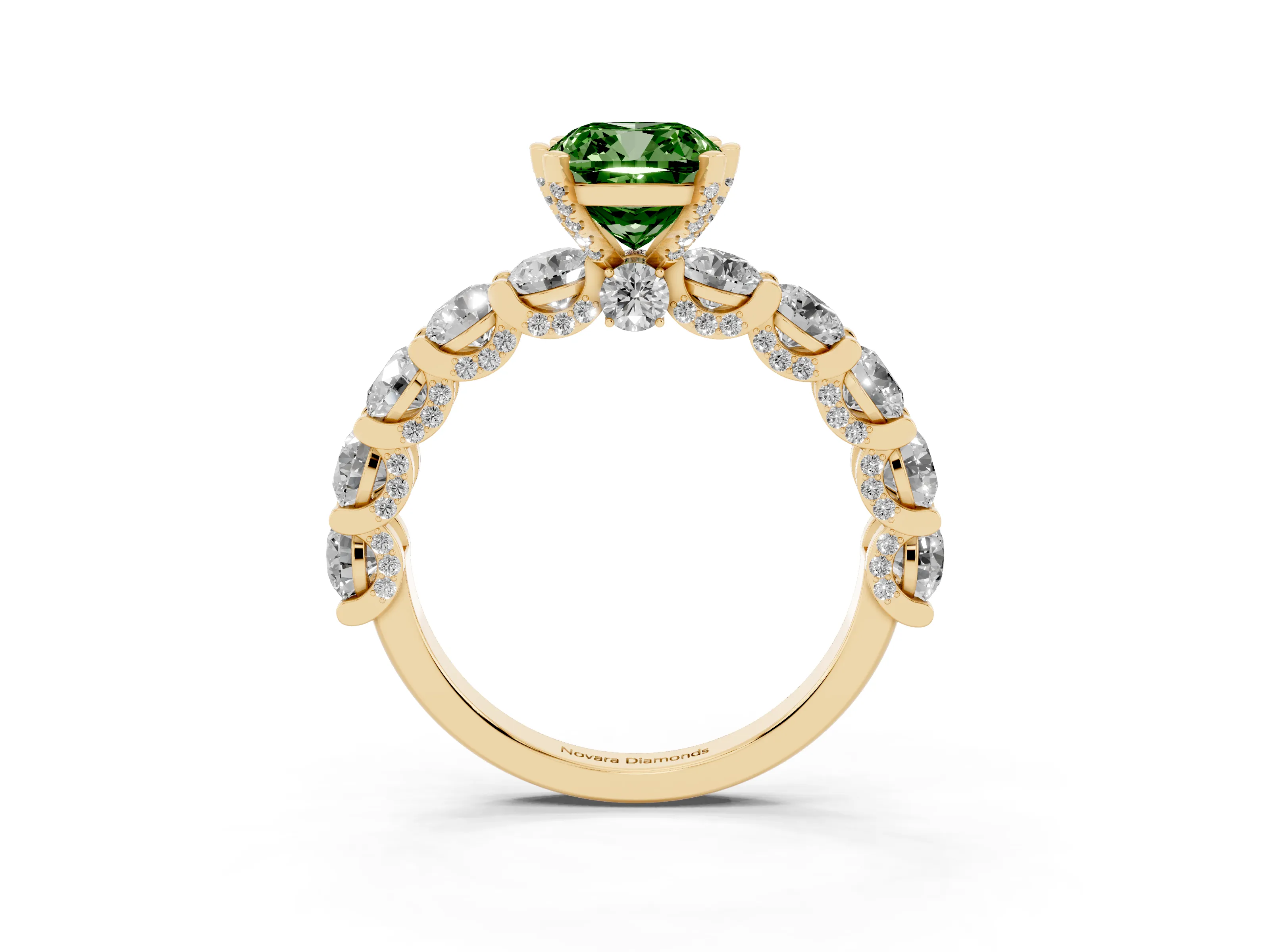 Fancy Green Cushion Cut Diamond Side Stone Ring Set in Yellow gold with Alternating Round and Oval Side Stones