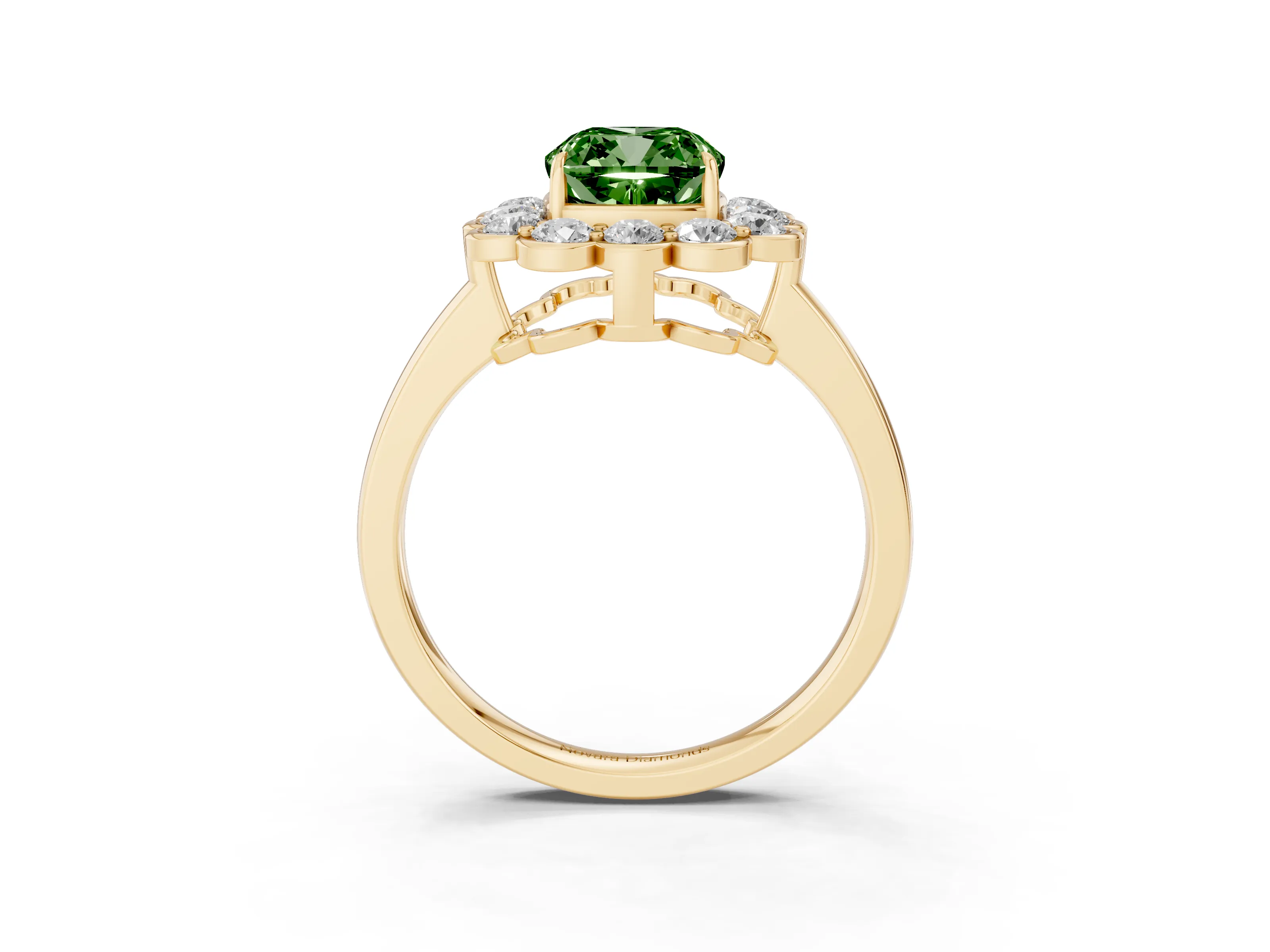 Fancy Green Cushion Cut Diamond Halo Cluster Engagement Ring Set in Yellow gold with Solitaire Band and Prong Setting