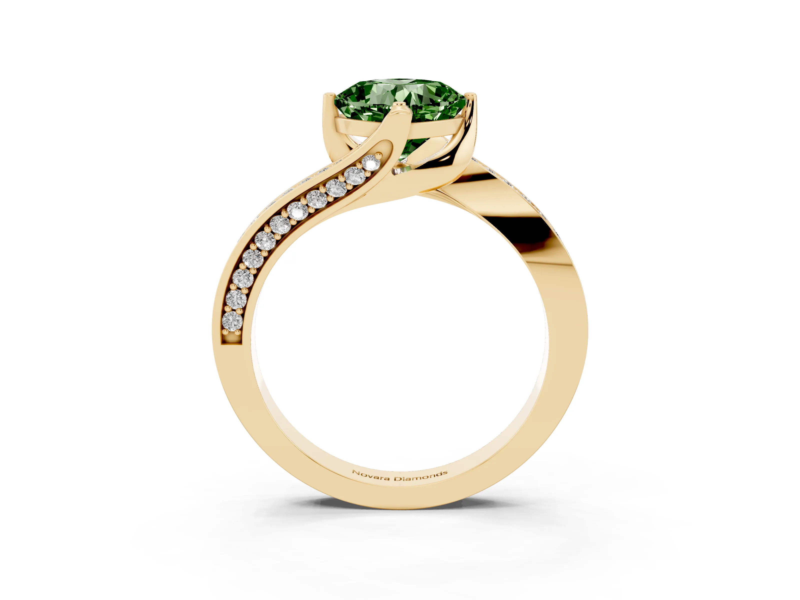 Fancy Green Cushion Cut Diamond Solitaire Ring Set in Yellow gold with Intertwined Pavé Twist Band